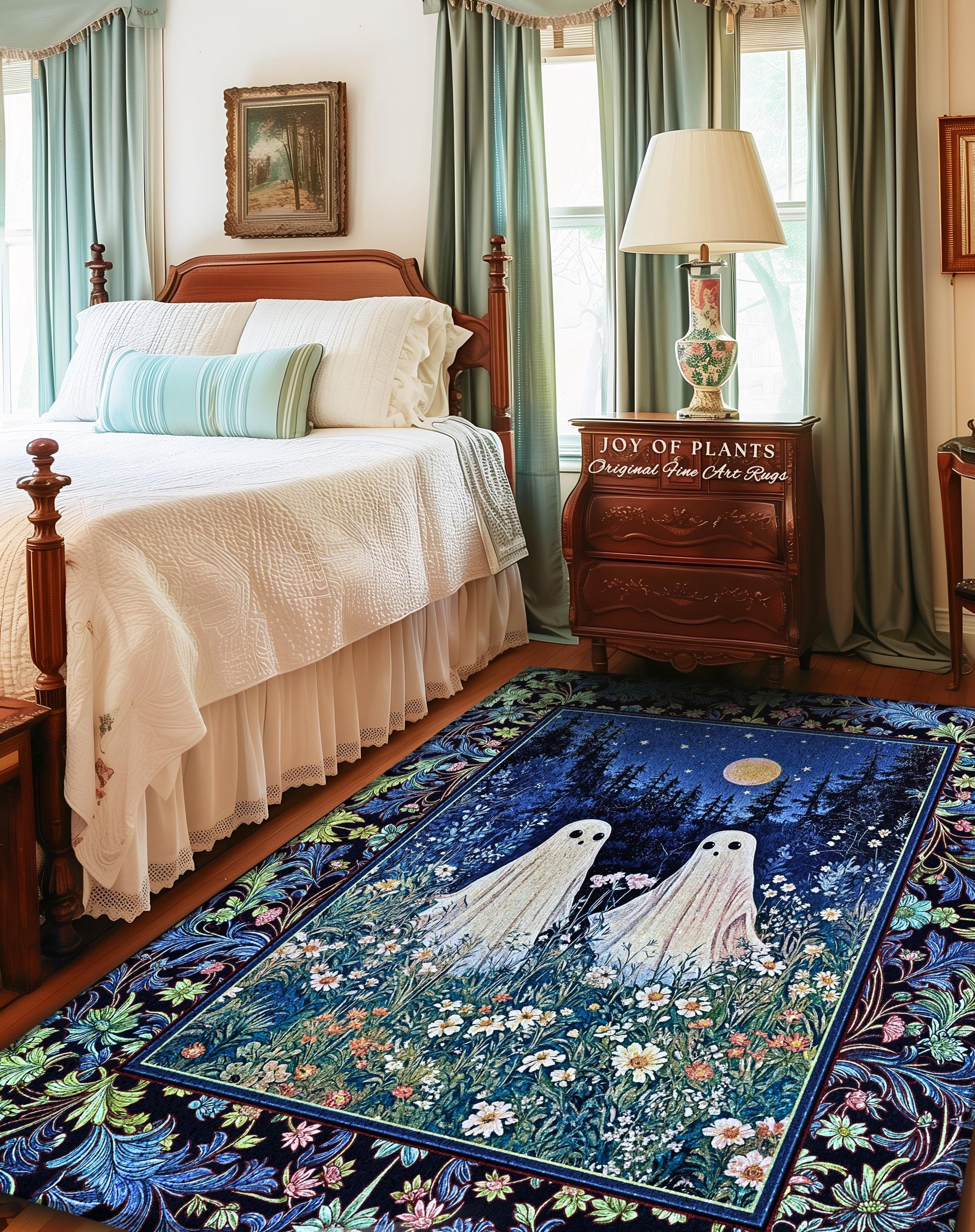 Mystic Meadow Full Moon Spirit Rug | Indigo Starry Sky Ghost Halloween Home Decor Accent Autumn Whimsical Garden Cottagecore Style Nursery
