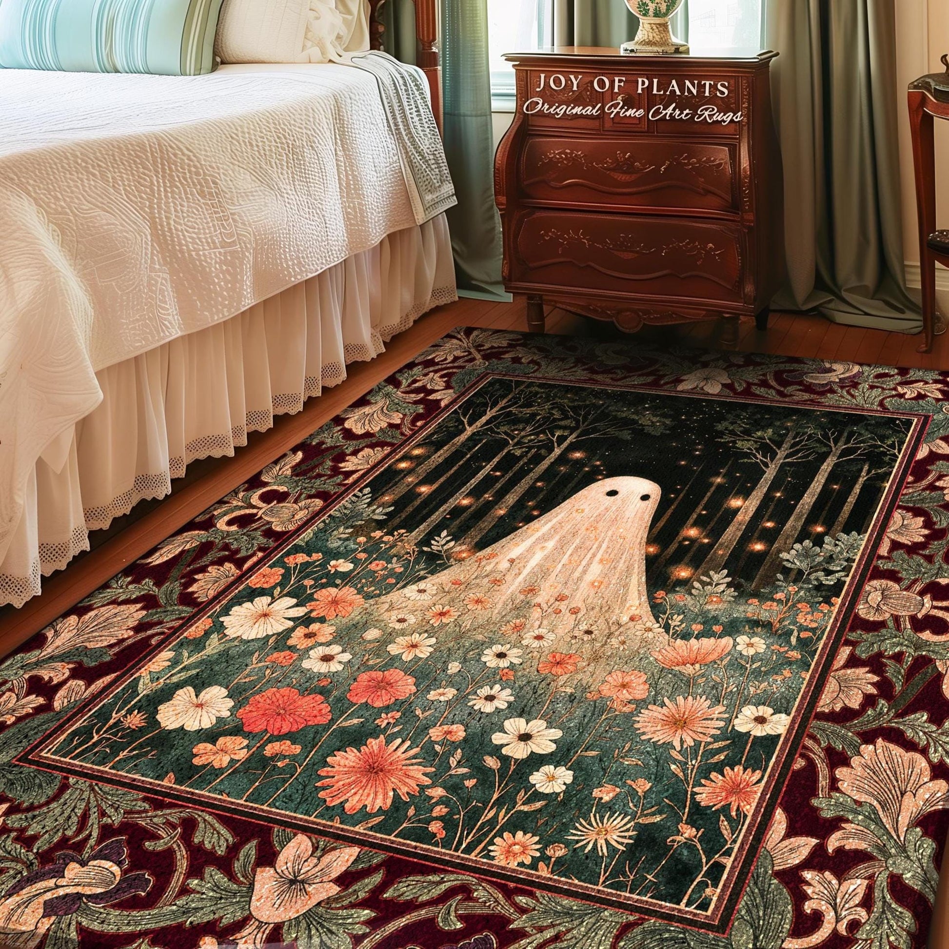Firefly Forest Ghost Floral Rug | Whimsigoth Spooky Cute Cottagecore Home Decor Accent Decor Botanical Spirit Season Witchy Vintage Nursery