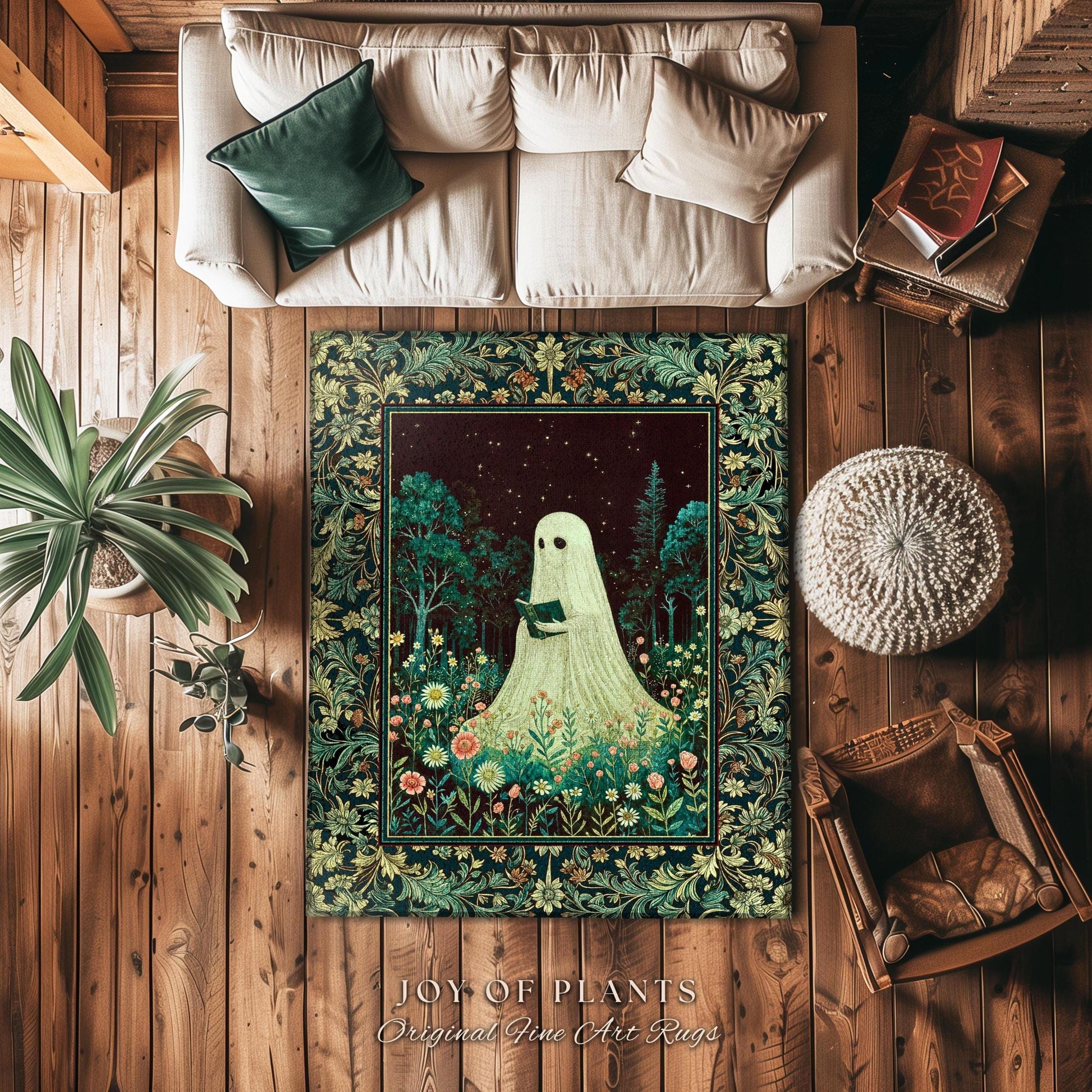 Haunted Book Ghost Accent Rug | Gothic Woven Spooky Cute Decor Halloween Aesthetic Cozy Reading Nook Forest Spirit Botanical Ethereal Style