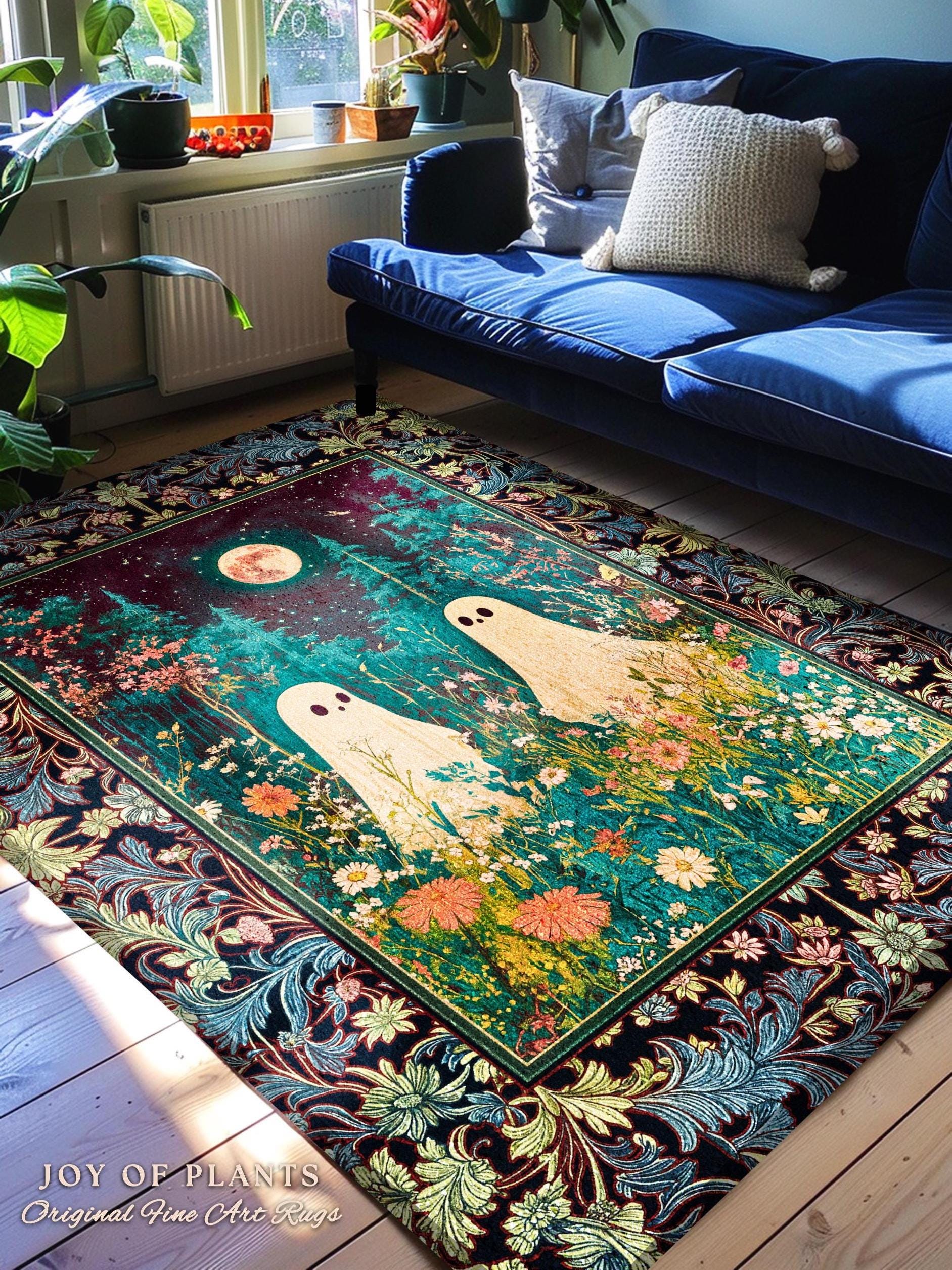Eclectic Moonlit Wildflower Spirit Rug | Starry Sky Home Accent Ghost Halloween Decor Autumn Whimsical Floral Gothic Garden Throw Celestial
