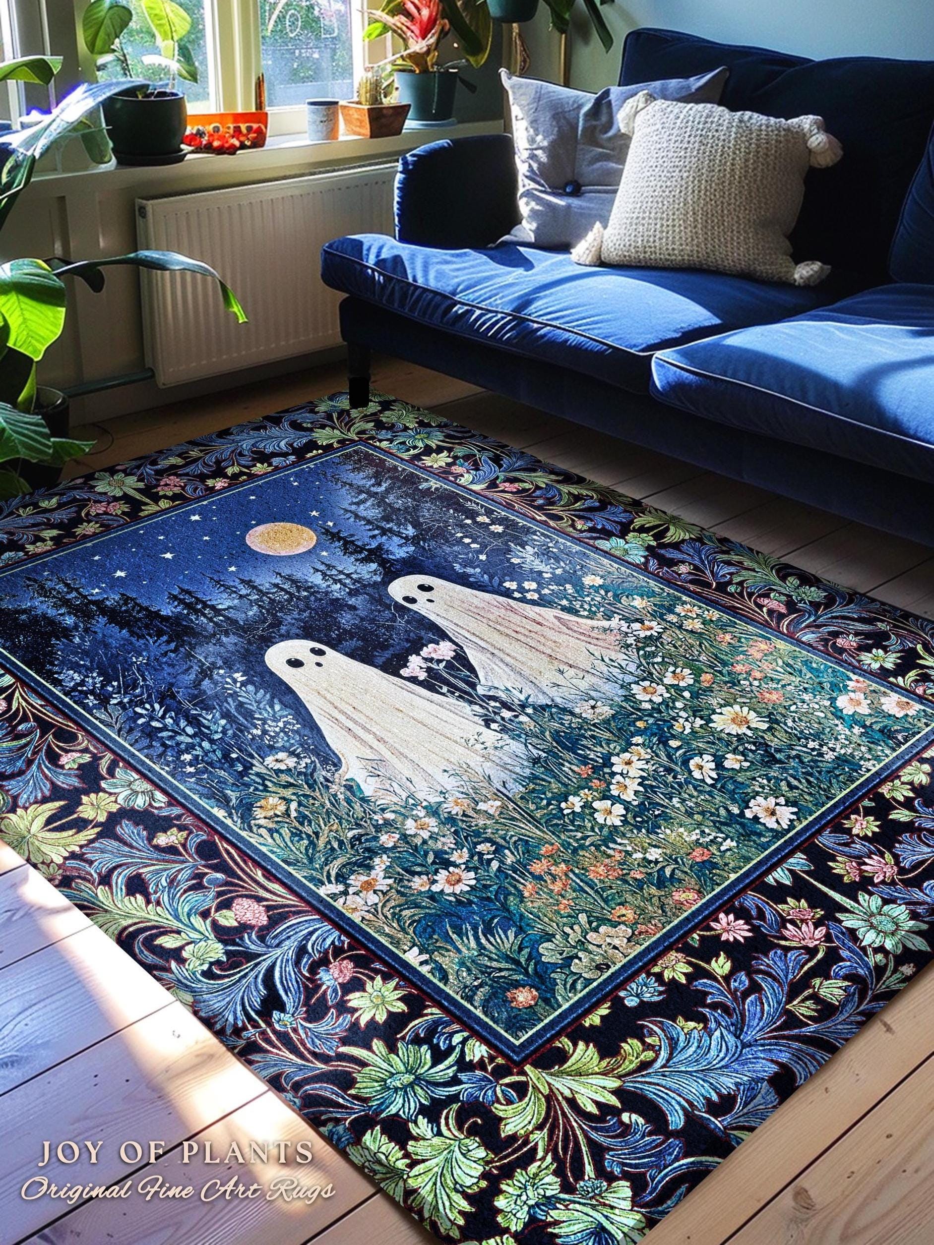 Mystic Meadow Full Moon Spirit Rug | Indigo Starry Sky Ghost Halloween Home Decor Accent Autumn Whimsical Garden Cottagecore Style Nursery