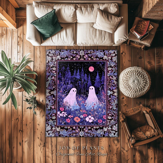 Violet Night Ethereal Ghost Area Rug | Moonlit Floral Halloween Aesthetic Gothic Pastel Ghost Home Decor Whimsigoth Cottagecore Cozy Fall |