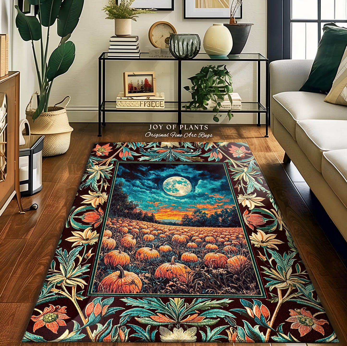 Bookish Cozy Fall Area Rug | Floral Autumn Aesthetic Gothiccore Light Academia Whimsigoth Pumpkin Home Decor Accent Cute Spooky Rustic Decor