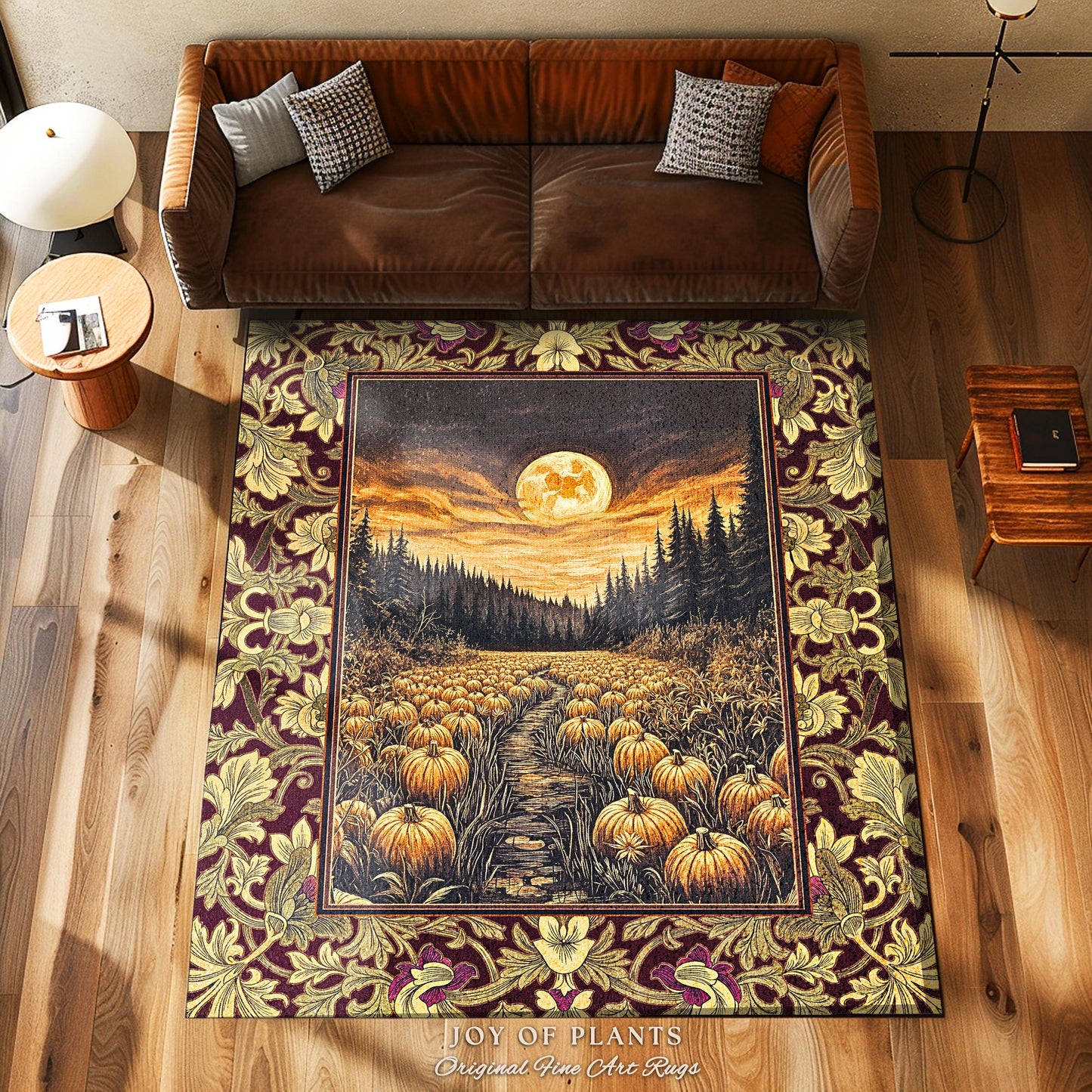 Autumn Night Sky Rustic Fall Rug | Cozy Spooky Pumpkin Vibes Midnight Landscape Decor Whimsigoth Aesthetics Dark Academia Accent Rug Witchy