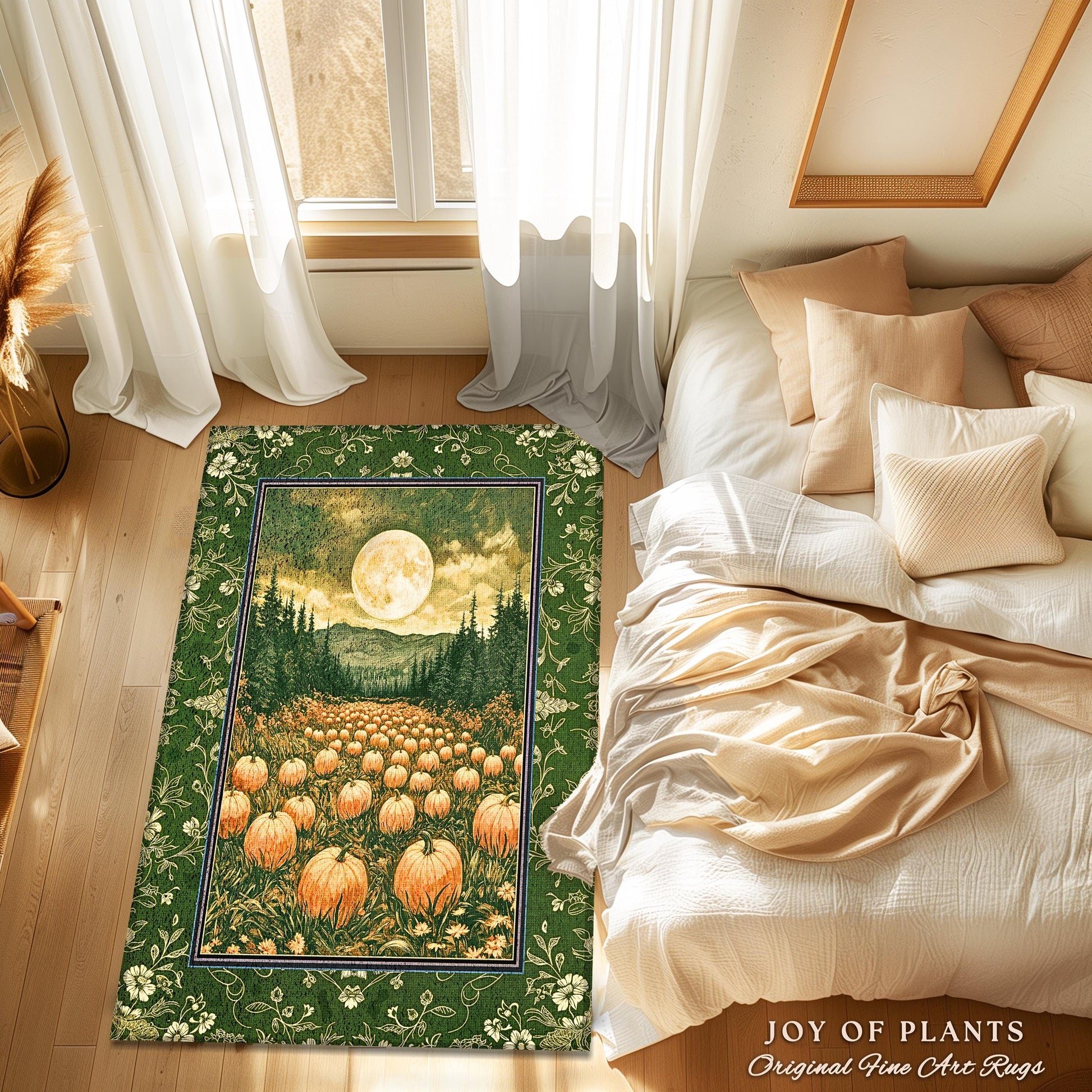 Sage Green Full Moon Area Rug | Rustic Pumpkin Home Decor Whimsigothic Aesthetic Rustic Fall Accent Halloween Trees Light Academia Bedroom