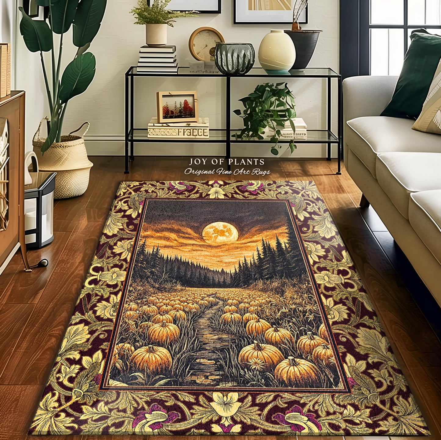 Autumn Night Sky Rustic Fall Rug | Cozy Spooky Pumpkin Vibes Midnight Landscape Decor Whimsigoth Aesthetics Dark Academia Accent Rug Witchy