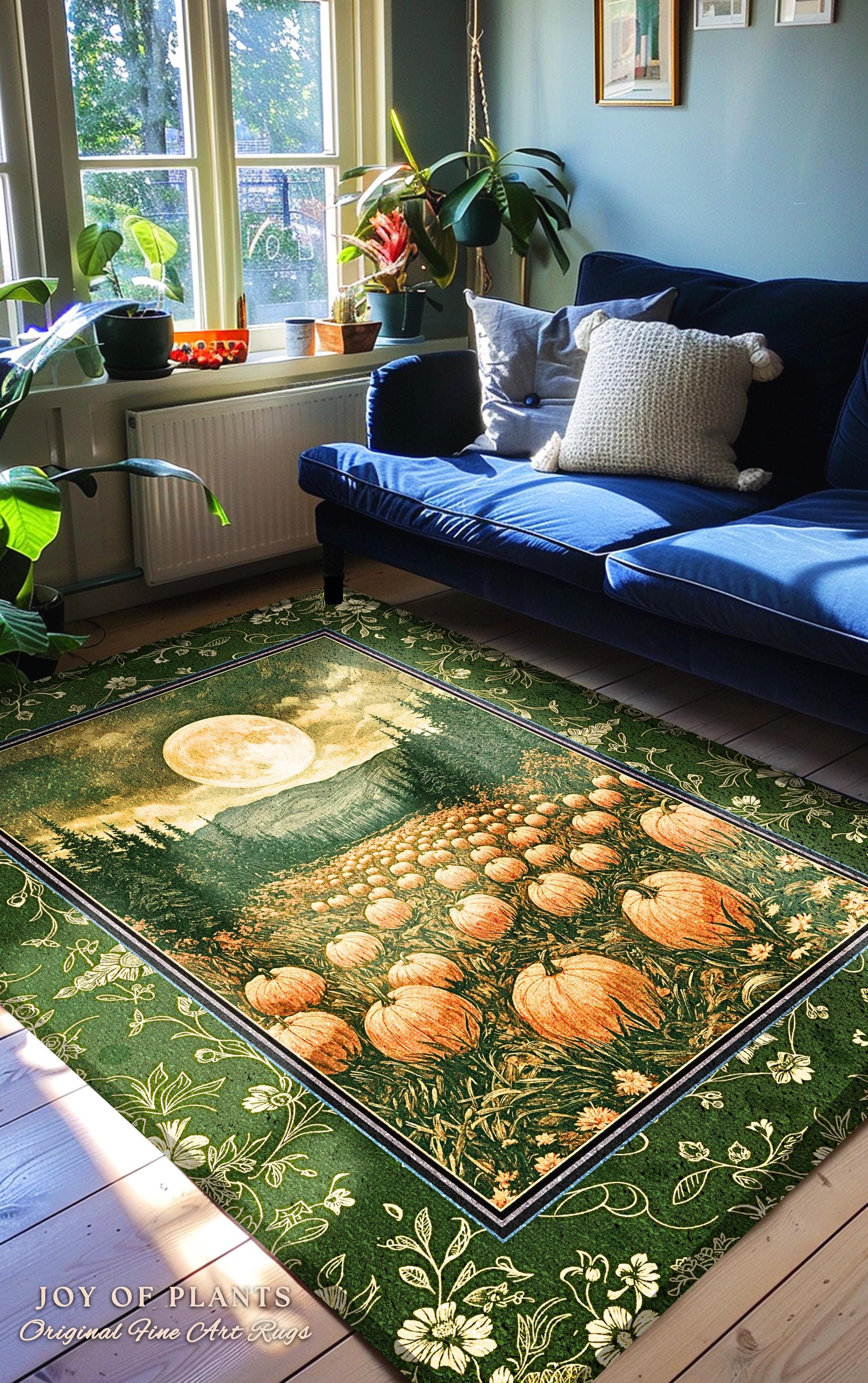 Sage Green Full Moon Area Rug | Rustic Pumpkin Home Decor Whimsigothic Aesthetic Rustic Fall Accent Halloween Trees Light Academia Bedroom