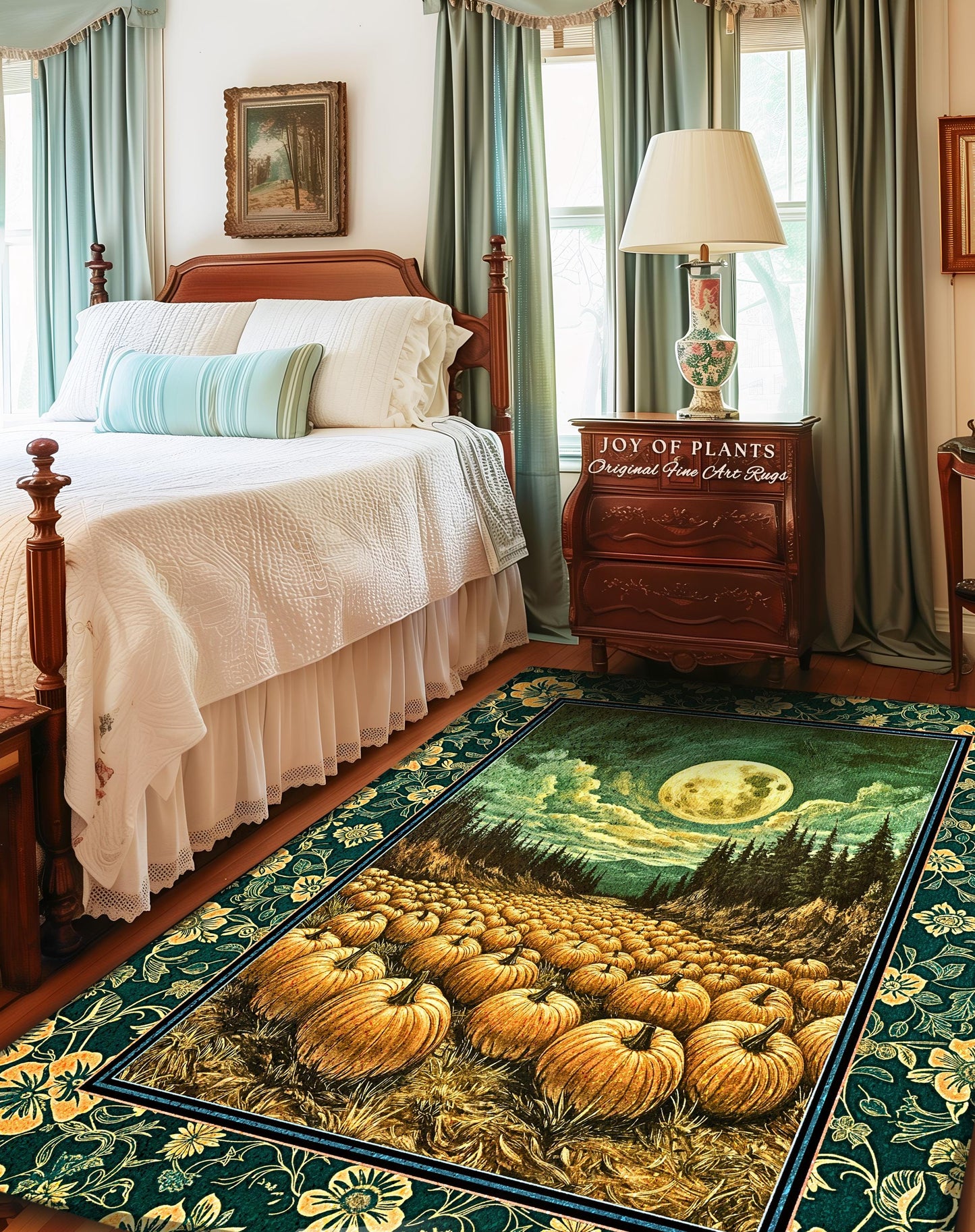 Rustic Full Moon Fall Accent Rug | Whimsigoth Forest Autumn Vibes Cozy Pumpkin Decor Gothic Academia Aesthetic Halloween Bedroom Area Rug |