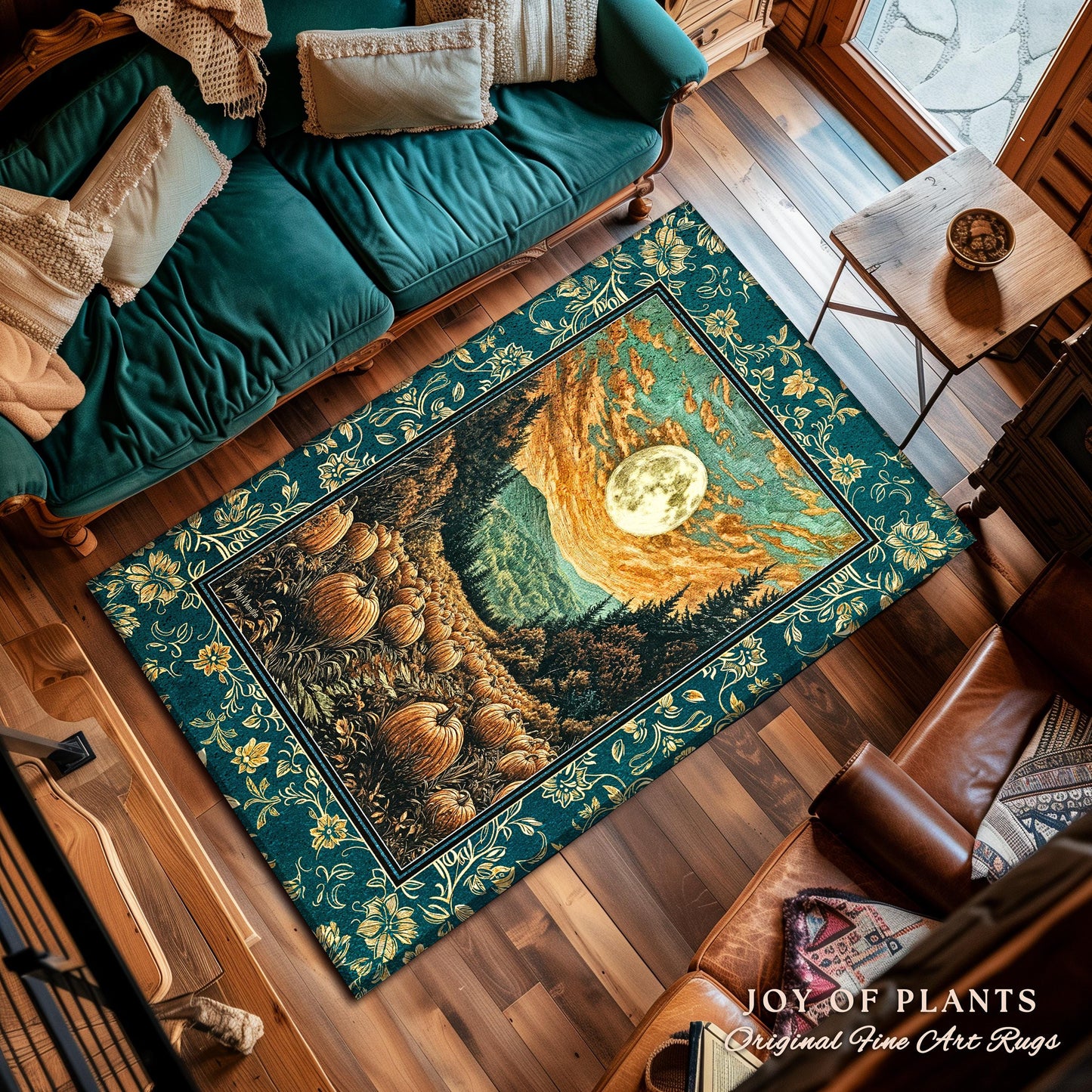 Moody Gothic Halloween Area Rug | Whimsical Fall Pumpkin Decor Full Moon Dark Academia Spooky Throw Rustic Aesthetic Autumn Bedroom Accent