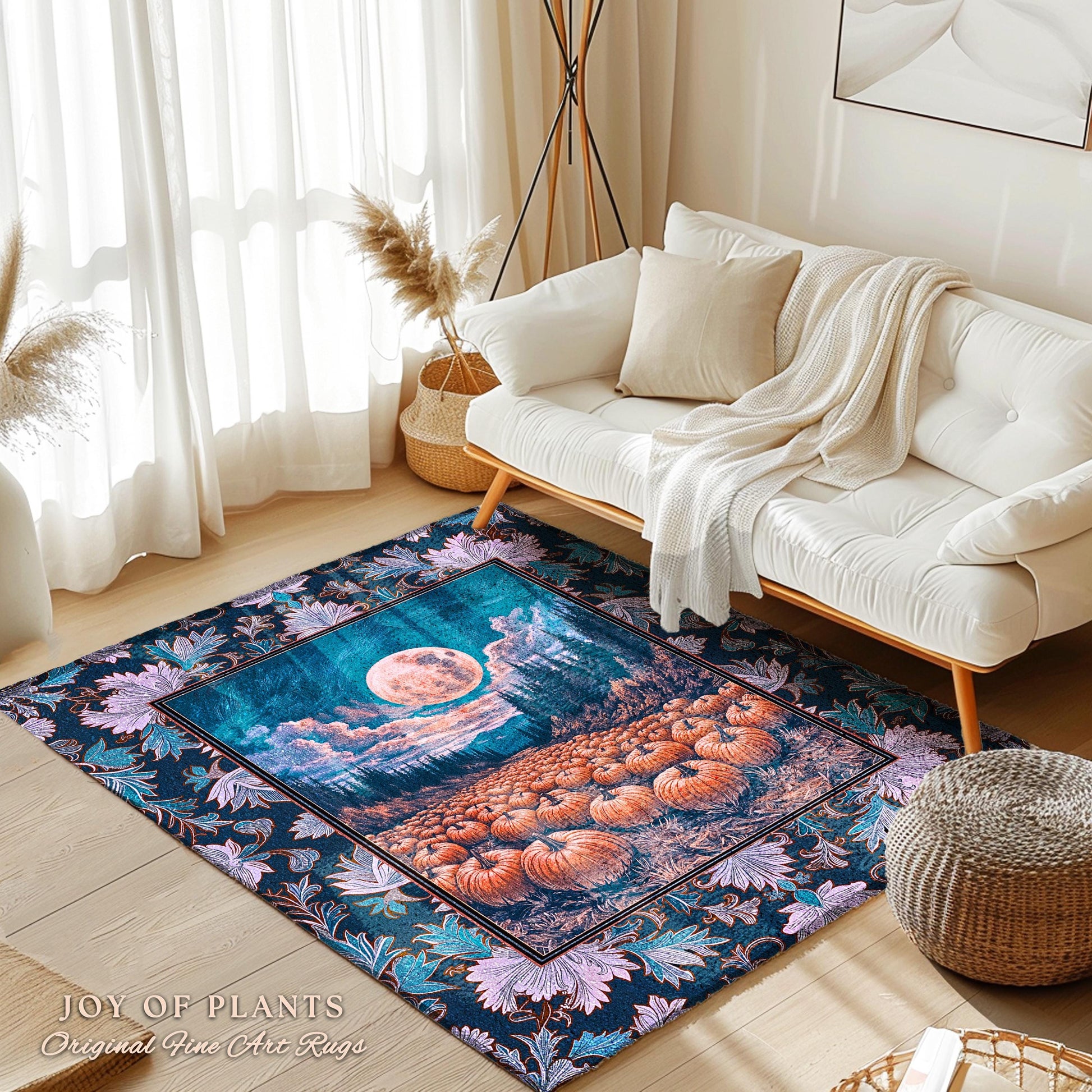 Soft Autumn Aesthetic Pumpkin Rug | Pastel Rustic Fall Bedroom Accent Decor Whimsigoth Full Moon Spooky Season Halloween Gothic Themed Dorm
