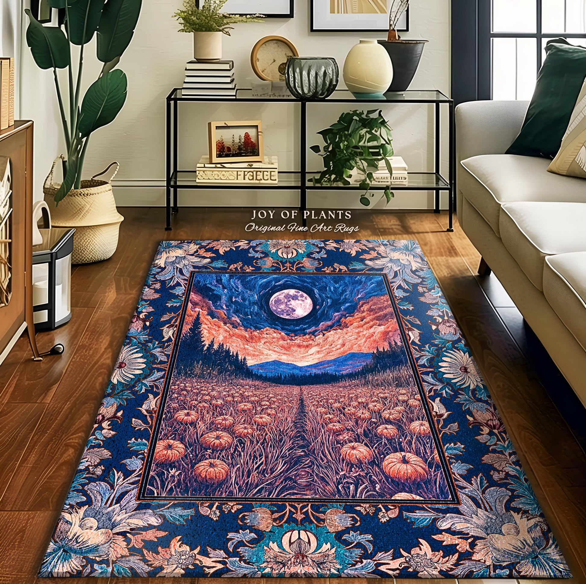 Witchy Night Sky Full Moon Rug | Pastel Fall Decoration Cozy Autumn Accent Rug Pumpkin Patch Whimsigoth Aesthetic Spooky Dark Academia Dorm