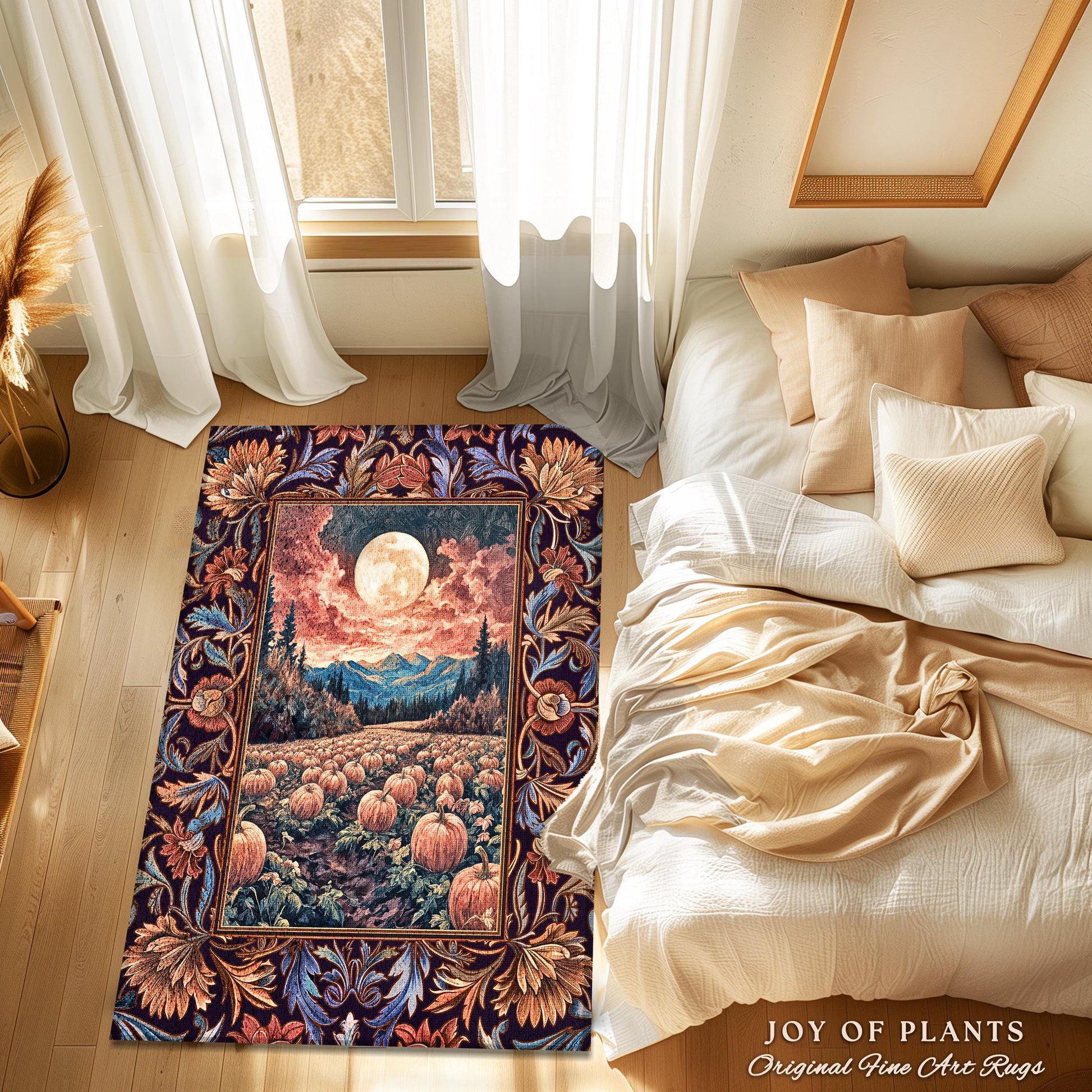 Lunar Night Sky Fall Pumpkin Rug | Autumn Aesthetic Rustic Bedroom Accent Rug Dark Academia Decor Cute Spooky Halloween Vibes Eclectic Style