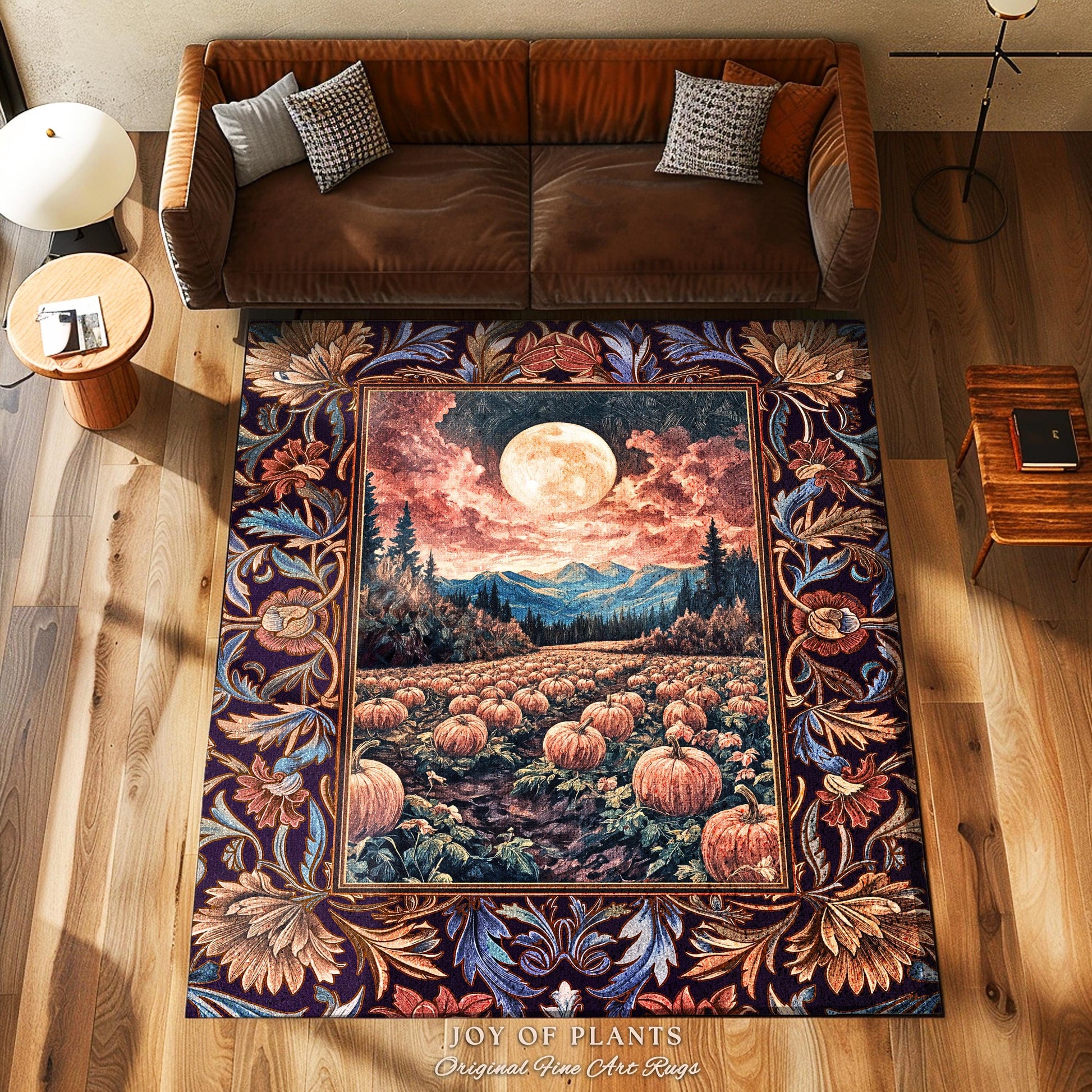 Lunar Night Sky Fall Pumpkin Rug | Autumn Aesthetic Rustic Bedroom Accent Rug Dark Academia Decor Cute Spooky Halloween Vibes Eclectic Style