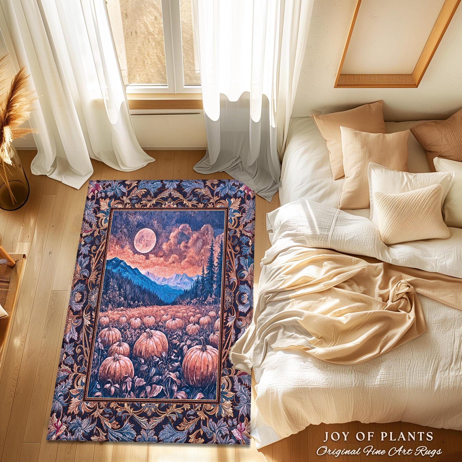 Pastel Dusk Moon Accent Rug | Autumn Aesthetic Gothiccore Bedroom Area Rug Whimsigoth Pumpkin Patch Decor Fall Accent Rustic Halloween Style