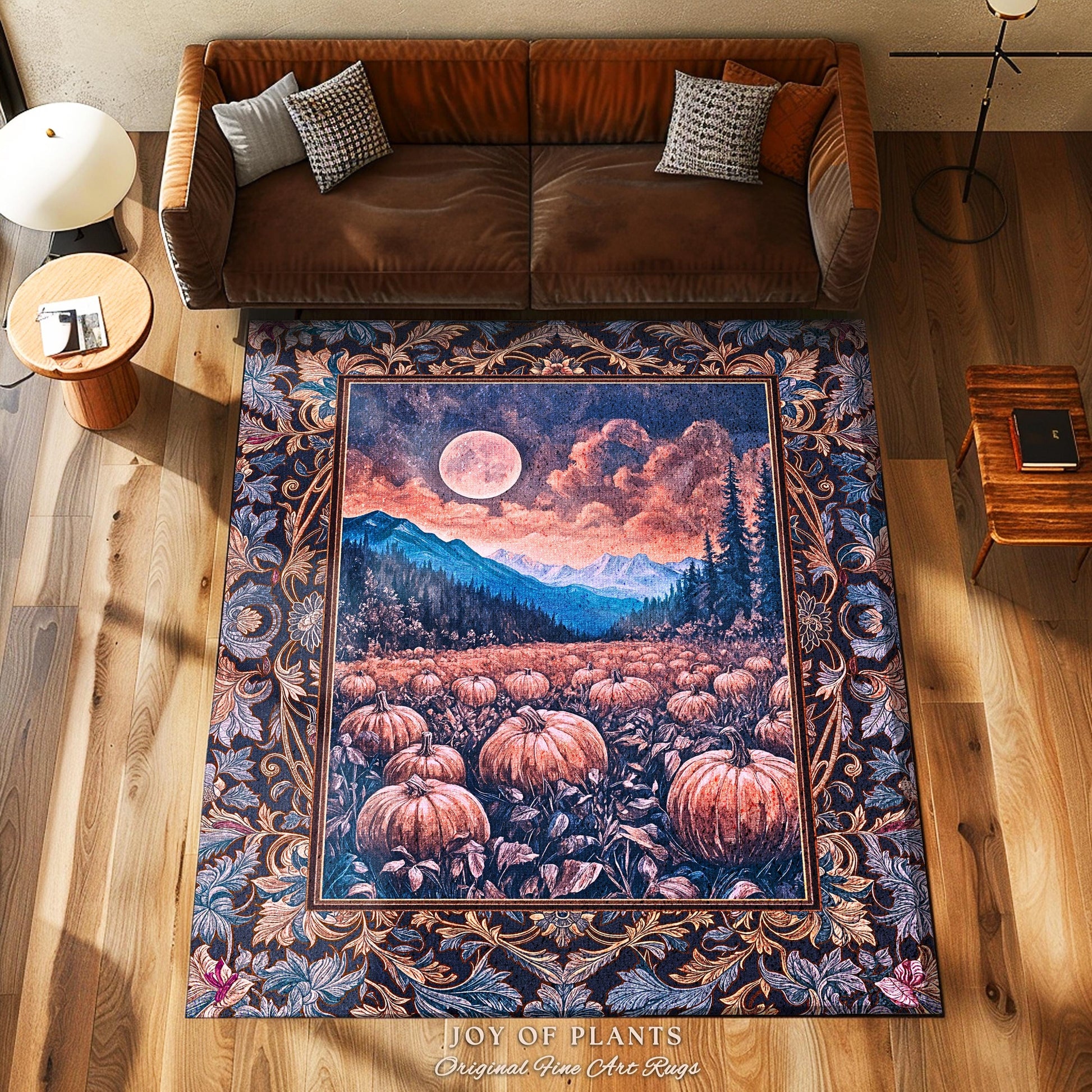 Pastel Dusk Moon Accent Rug | Autumn Aesthetic Gothiccore Bedroom Area Rug Whimsigoth Pumpkin Patch Decor Fall Accent Rustic Halloween Style