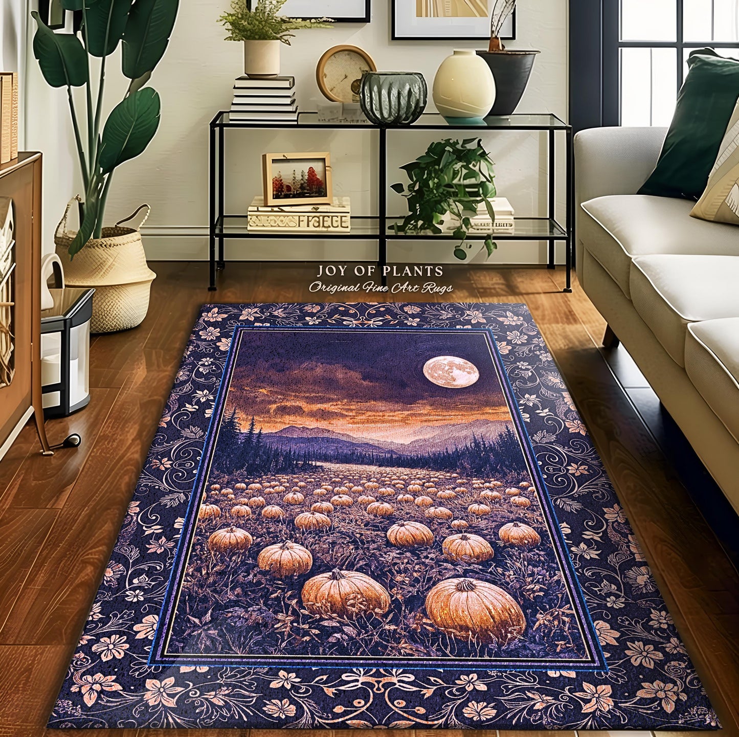 Midnight Purple Moonlit Autumn Rug | Cozy Pumpkin Decor Rustic Halloween Aesthetic Whimsigoth Dark Academia Fall Vibes Witchy Room Accent |