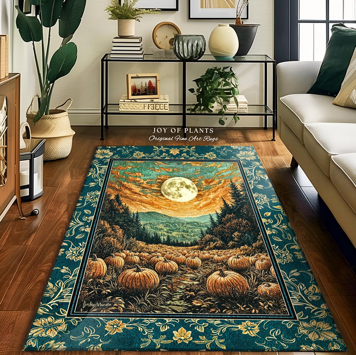 Moody Gothic Halloween Area Rug | Whimsical Fall Pumpkin Decor Full Moon Dark Academia Spooky Throw Rustic Aesthetic Autumn Bedroom Accent