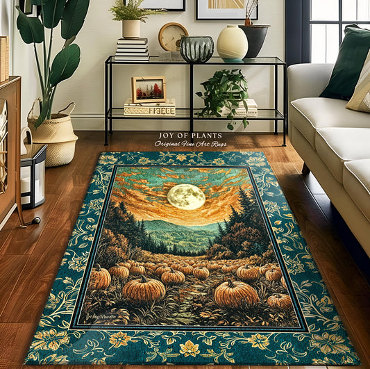 Moody Gothic Halloween Area Rug | Whimsical Fall Pumpkin Decor Full Moon Dark Academia Spooky Throw Rustic Aesthetic Autumn Bedroom Accent
