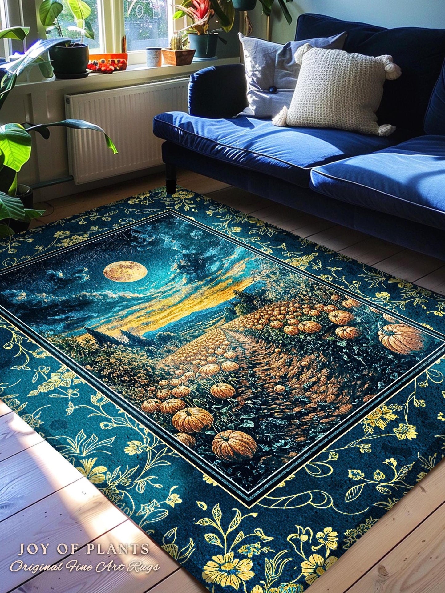 Dark Moody Harvest Moon Accent Rug | Whimsigoth Dark Academia Vibe Pumpkin Patch Spooky Season Rustic Bedroom Fall Decor Halloween Aesthetic