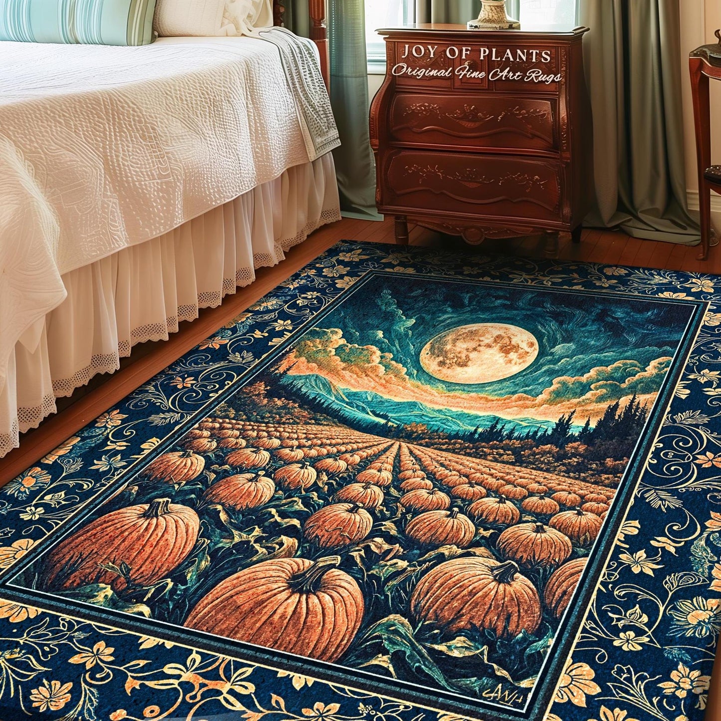 Fall Pumpkin Patch Cozy Bedroom Rug | Whimsical Dark Academia Aesthetic Autumn Accent Rug Rustic Whimsigoth Halloween Aesthetic Witchy Art |