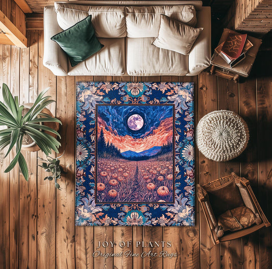Witchy Night Sky Full Moon Rug | Pastel Fall Decoration Cozy Autumn Accent Rug Pumpkin Patch Whimsigoth Aesthetic Spooky Dark Academia Dorm
