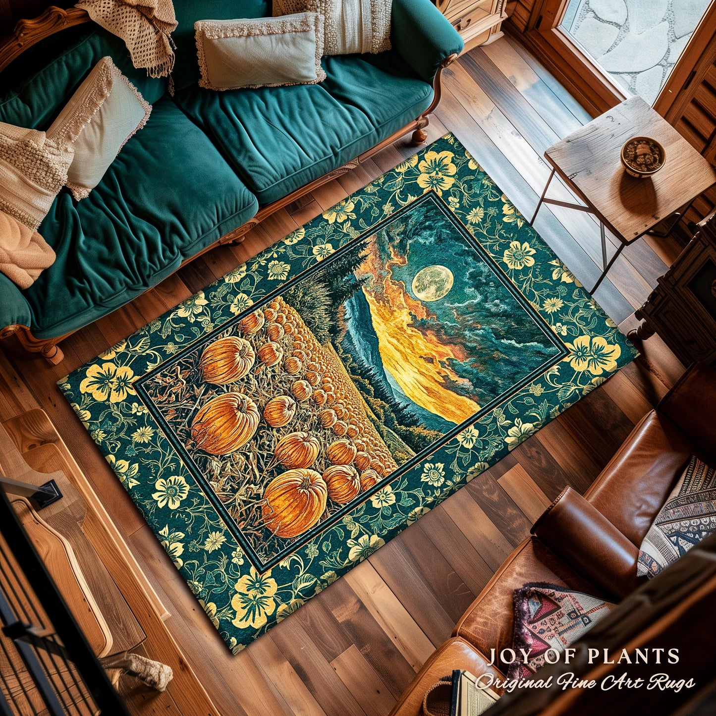 Colorful Ethereal Pumpkin Cozy Fall Rug | Spooky Season Gothiccore Whimsigoth Decor Autumn Aesthetic Rustic Academia Rustic Accent Full Moon