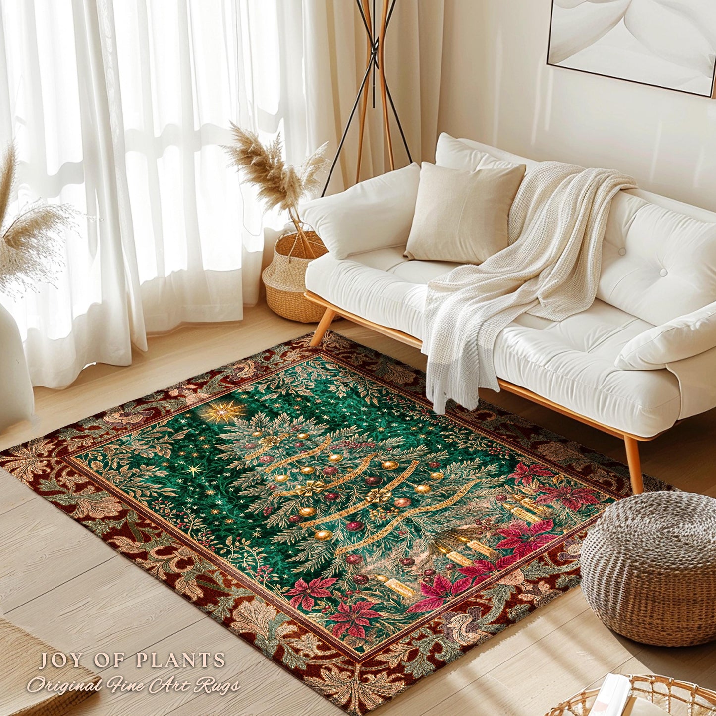 Regal Christmas Tree Poinsettia Rug | Vintage Xmas Home Decor Accent Cozy Winter Decor Festive Cottagecore Throw Rustic Holiday Traditional