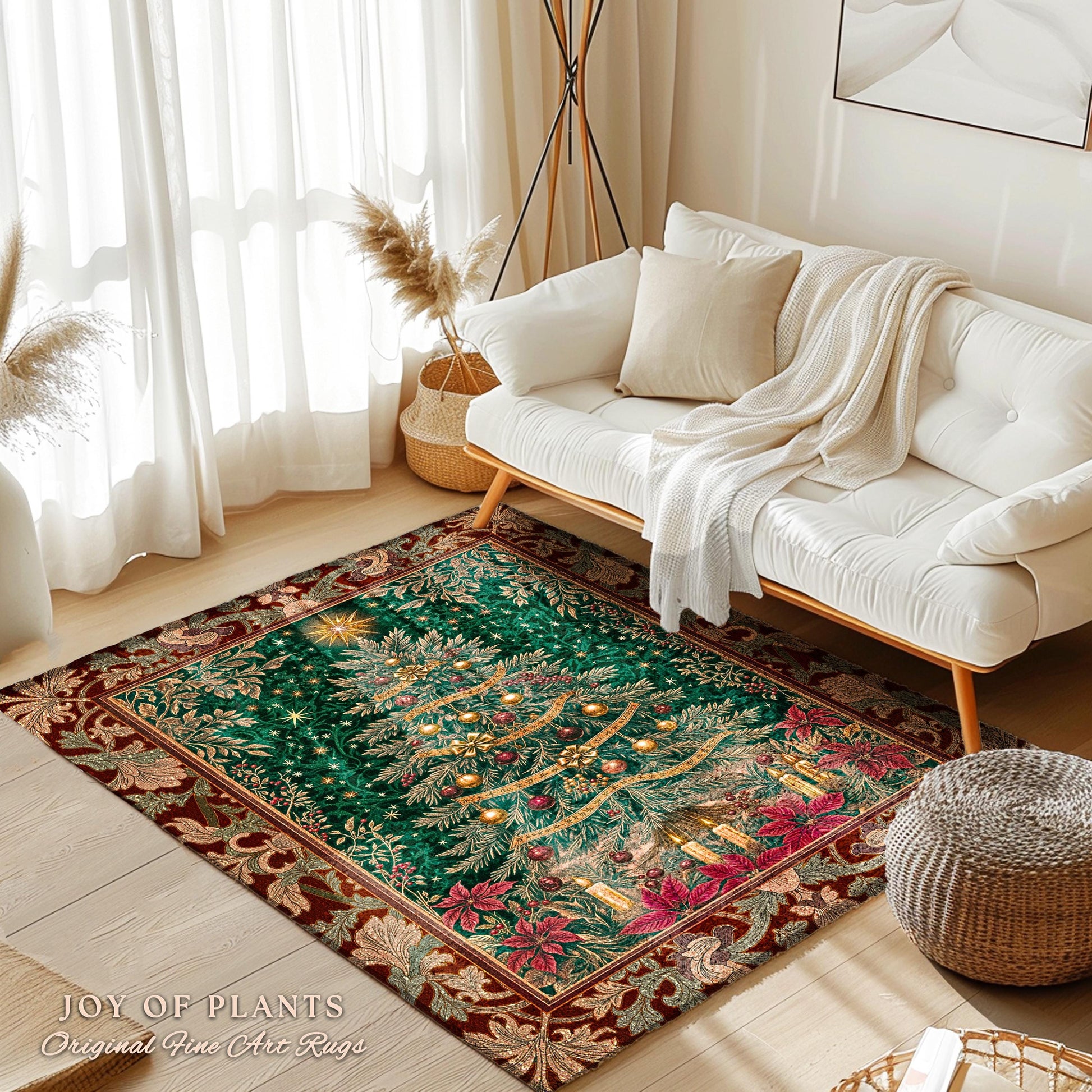 Regal Christmas Tree Poinsettia Rug | Vintage Xmas Home Decor Accent Cozy Winter Decor Festive Cottagecore Throw Rustic Holiday Traditional