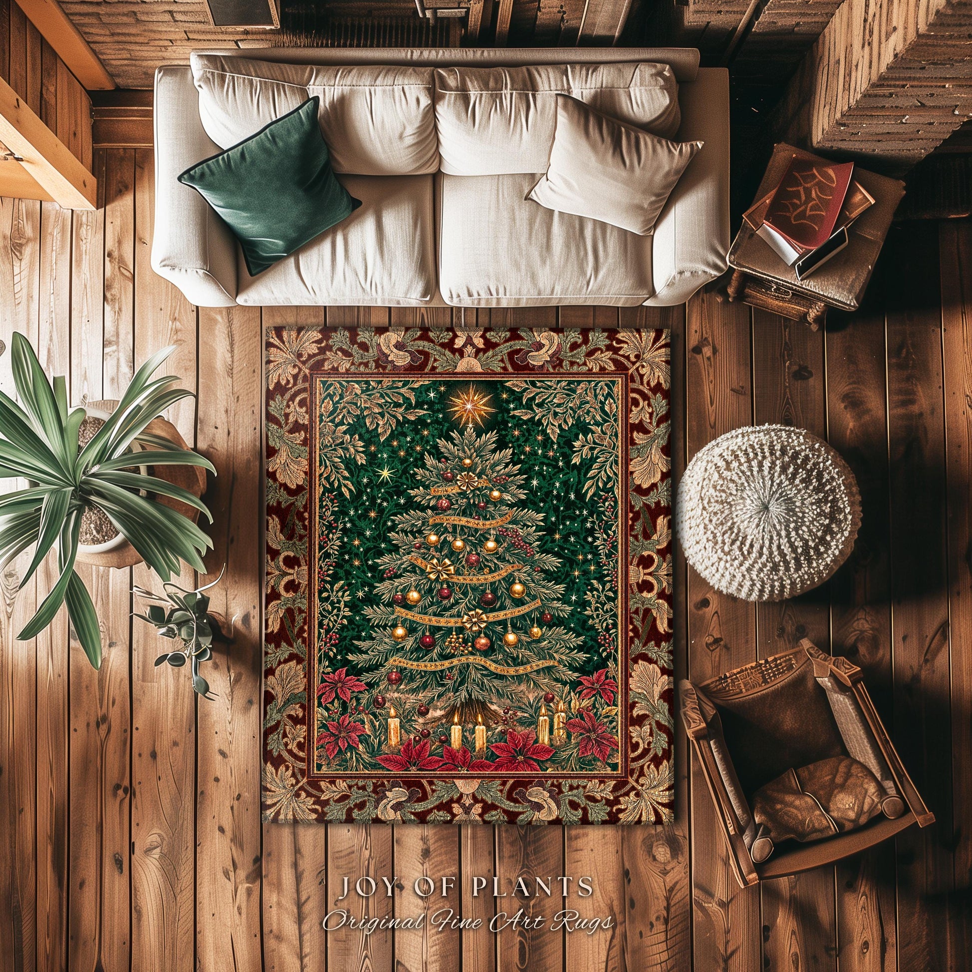 Regal Christmas Tree Poinsettia Rug | Vintage Xmas Home Decor Accent Cozy Winter Decor Festive Cottagecore Throw Rustic Holiday Traditional