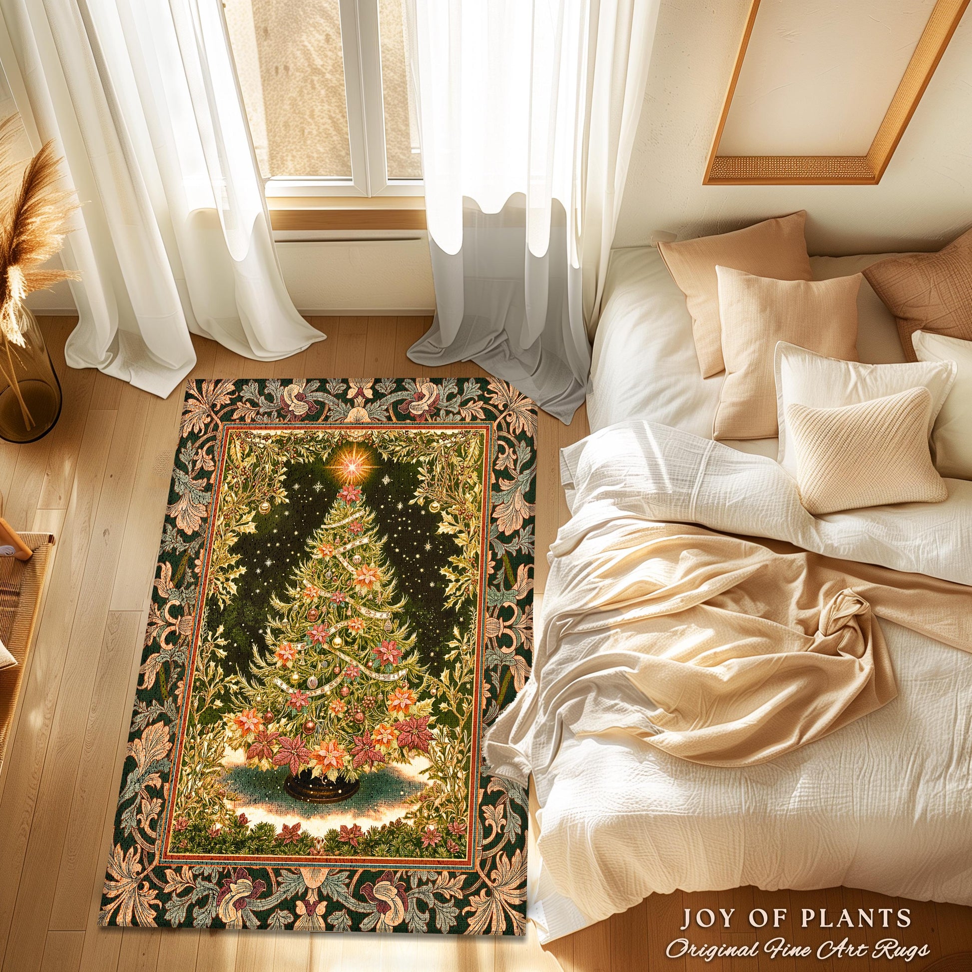 Golden Light Elegant Holiday Rug | Baroque Christmas Home Decor Floral Tree Festive Accent Ornate Decor Cozy Vintage Holiday Aesthetic Style