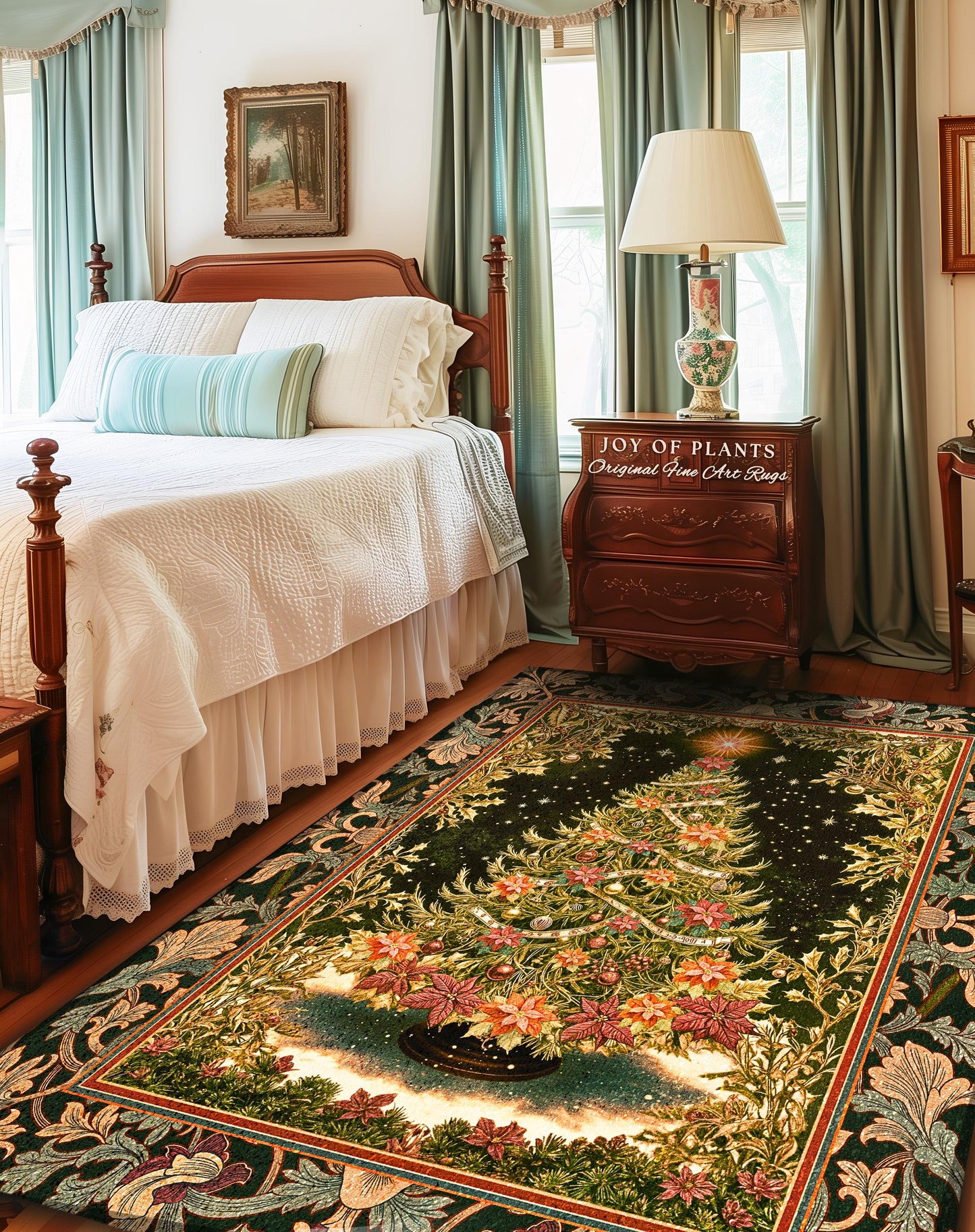 Golden Light Elegant Holiday Rug | Baroque Christmas Home Decor Floral Tree Festive Accent Ornate Decor Cozy Vintage Holiday Aesthetic Style