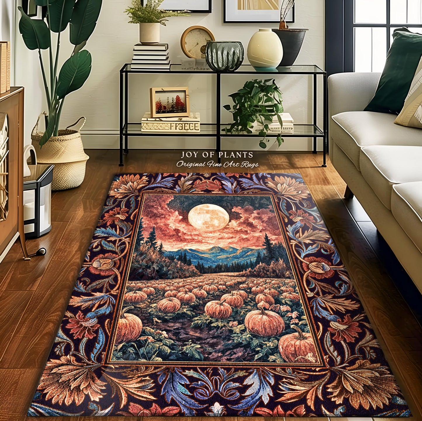 Lunar Night Sky Fall Pumpkin Rug | Autumn Aesthetic Rustic Bedroom Accent Rug Dark Academia Decor Cute Spooky Halloween Vibes Eclectic Style
