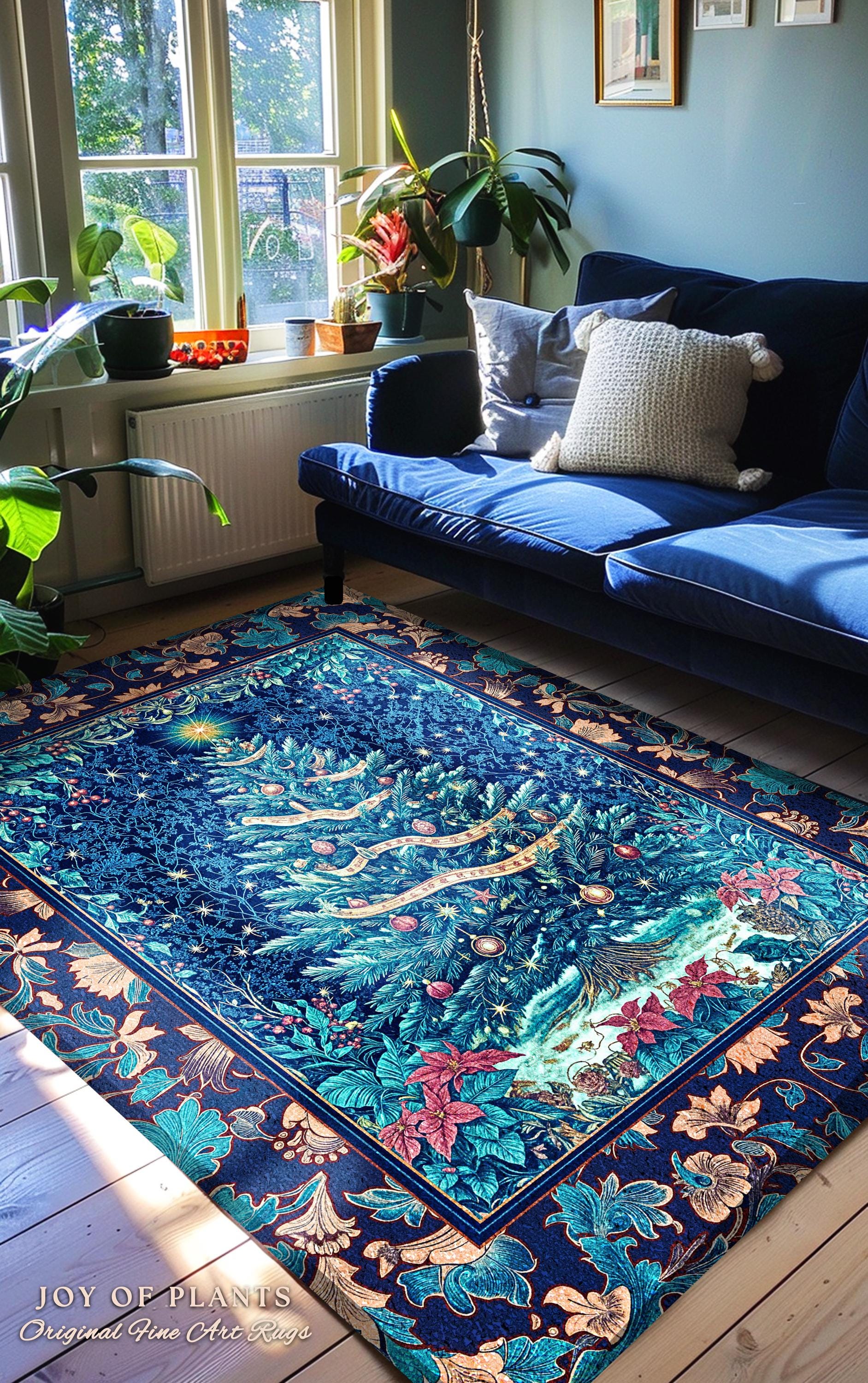 Winter Blue Festive Aesthetic Rug | French Farmhouse Rustic Christmas Winter Wonderland Area Rug Blue Ethereal Holiday Theme Bohemian Accent