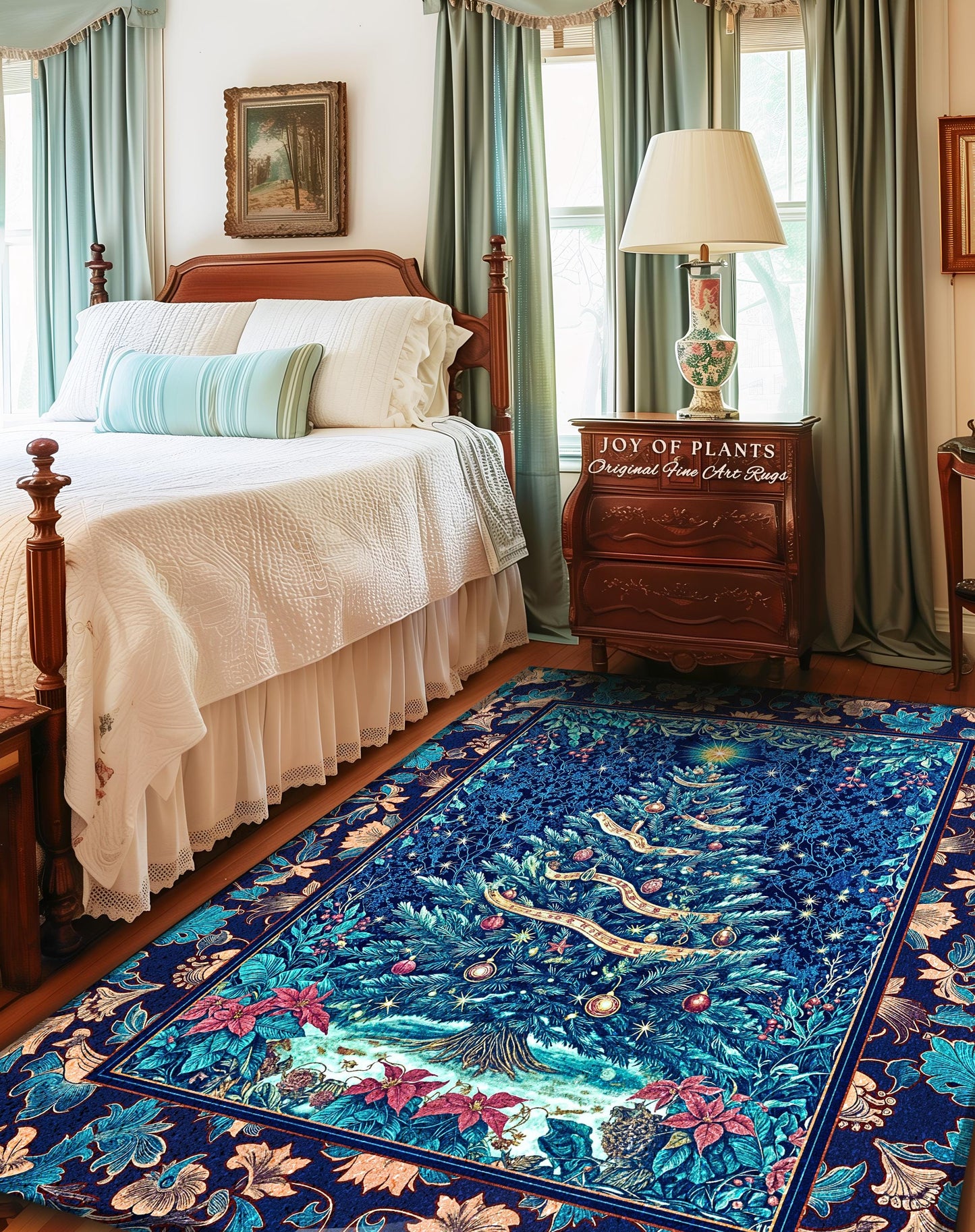 Winter Blue Festive Aesthetic Rug | French Farmhouse Rustic Christmas Winter Wonderland Area Rug Blue Ethereal Holiday Theme Bohemian Accent