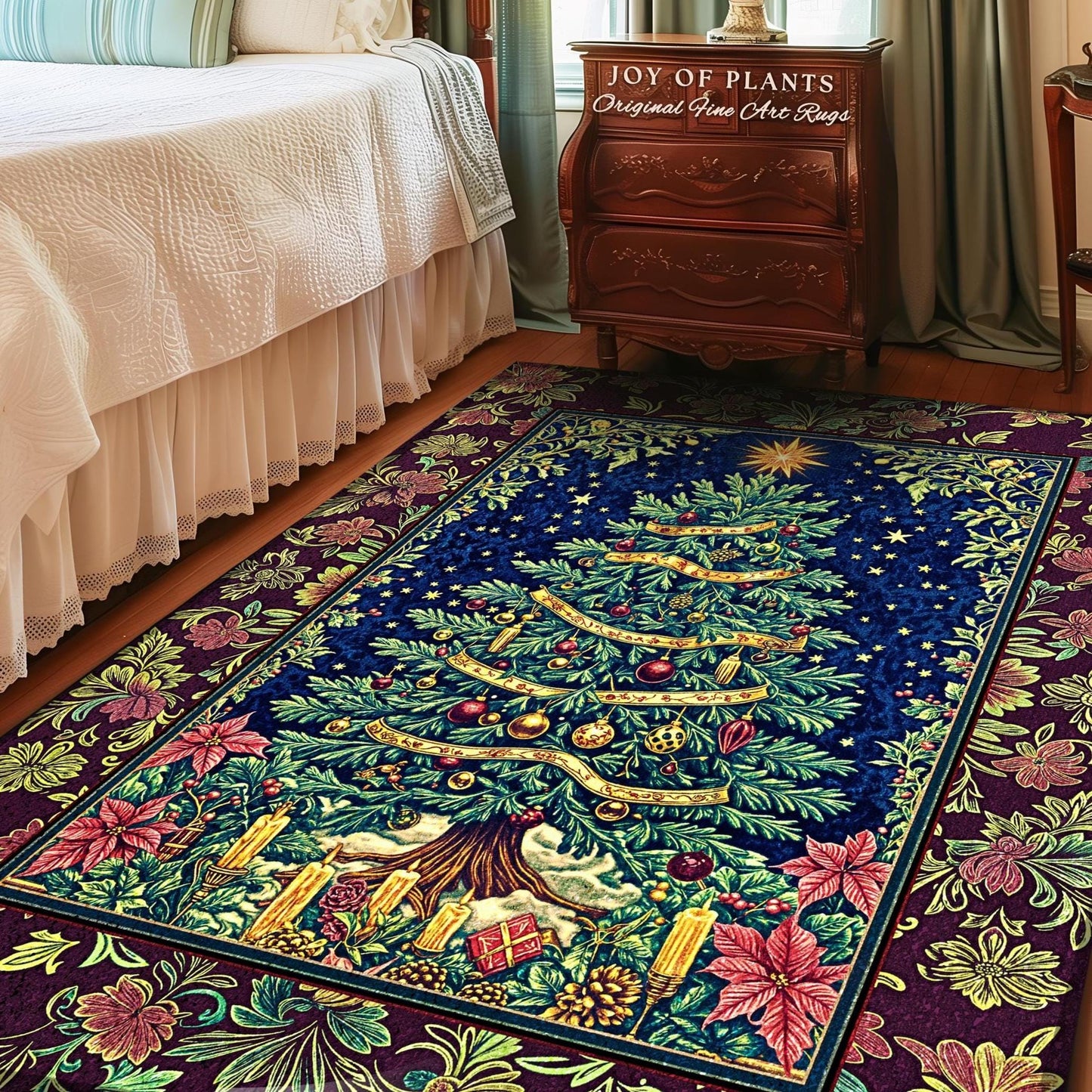 Rustic Holiday Xmas Tree Rug | Cozy Cottagecore Holiday Home Accent Vintage Glow Winter Decor Poinsettia Maximalist Xmas Festive Winter Art