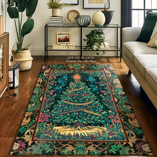 Twinkling Stars Holiday Tree Rug | Christmas Area Rug Whimsical Gold Ornament Evergreen Decor Traditional Ornate Winter Home Festive Look |