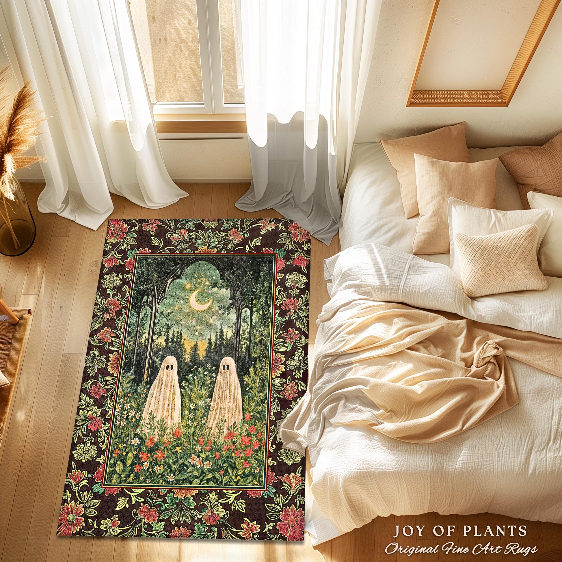 Ghost Garden Gothic Area Rug | Cottagecore Halloween Decor Crescent Moon Forest Spirit Rug Mystical Celestial Style Bedroom Witchy Accent |