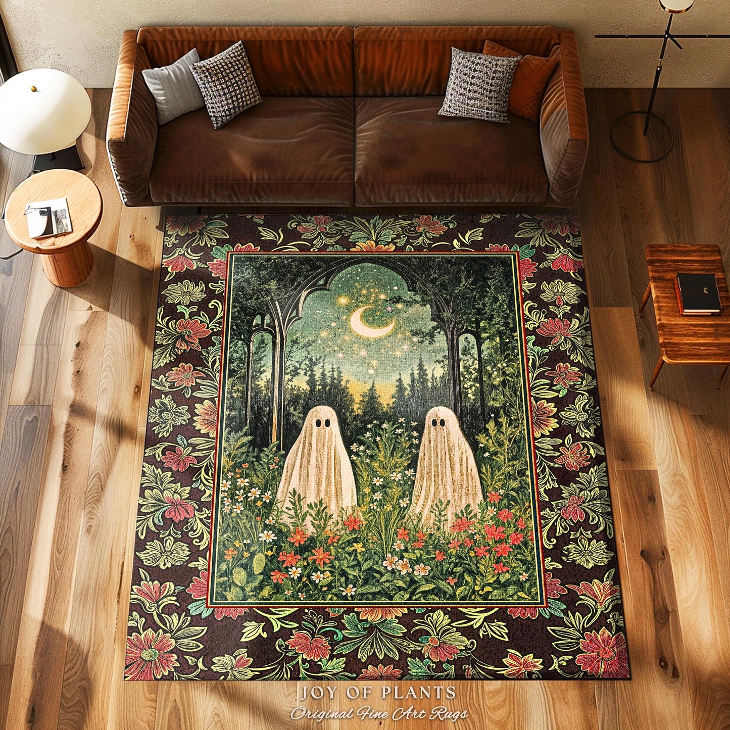Ghost Garden Gothic Area Rug | Cottagecore Halloween Decor Crescent Moon Forest Spirit Rug Mystical Celestial Style Bedroom Witchy Accent |
