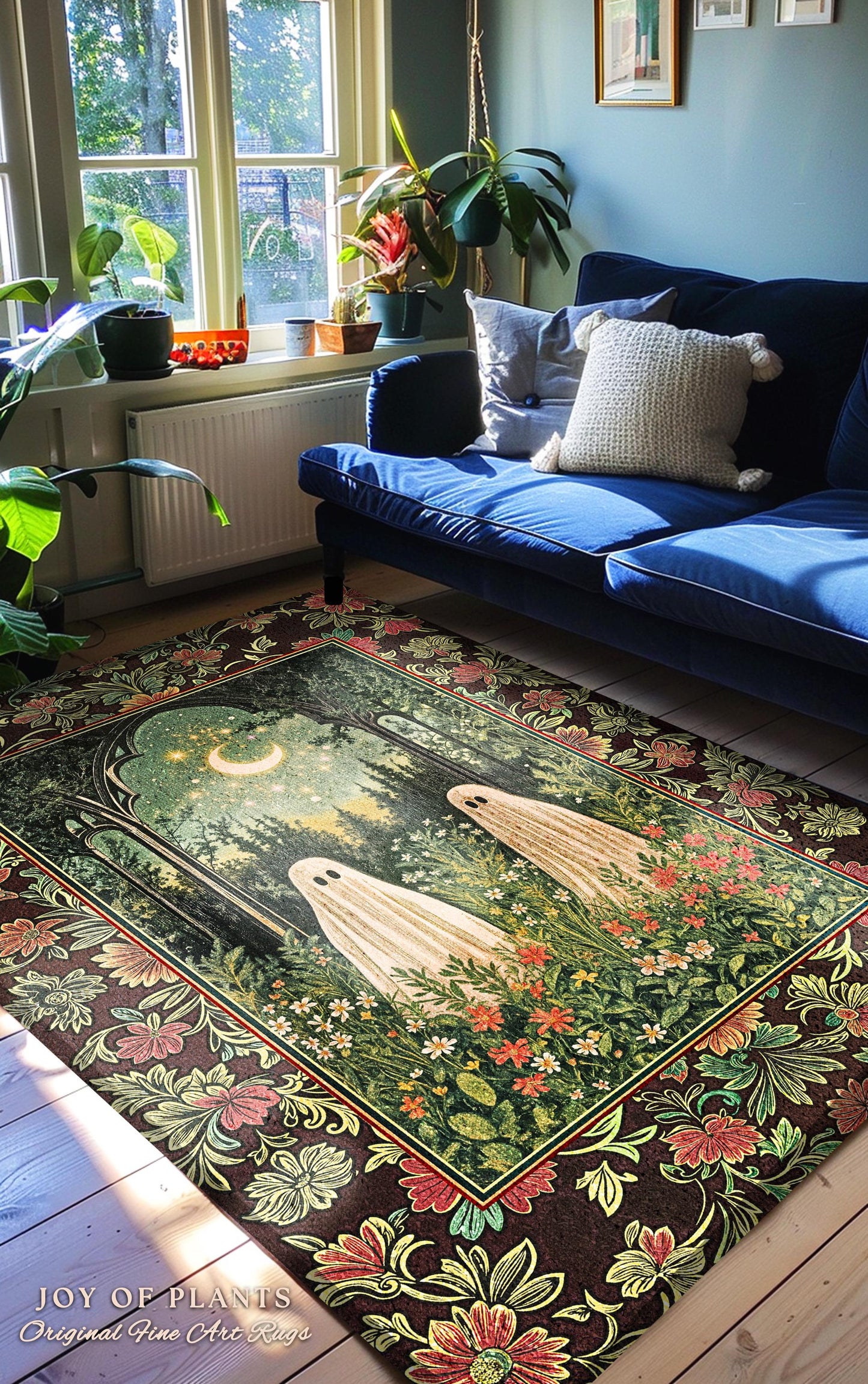 Ghost Garden Gothic Area Rug | Cottagecore Halloween Decor Crescent Moon Forest Spirit Rug Mystical Celestial Style Bedroom Witchy Accent |