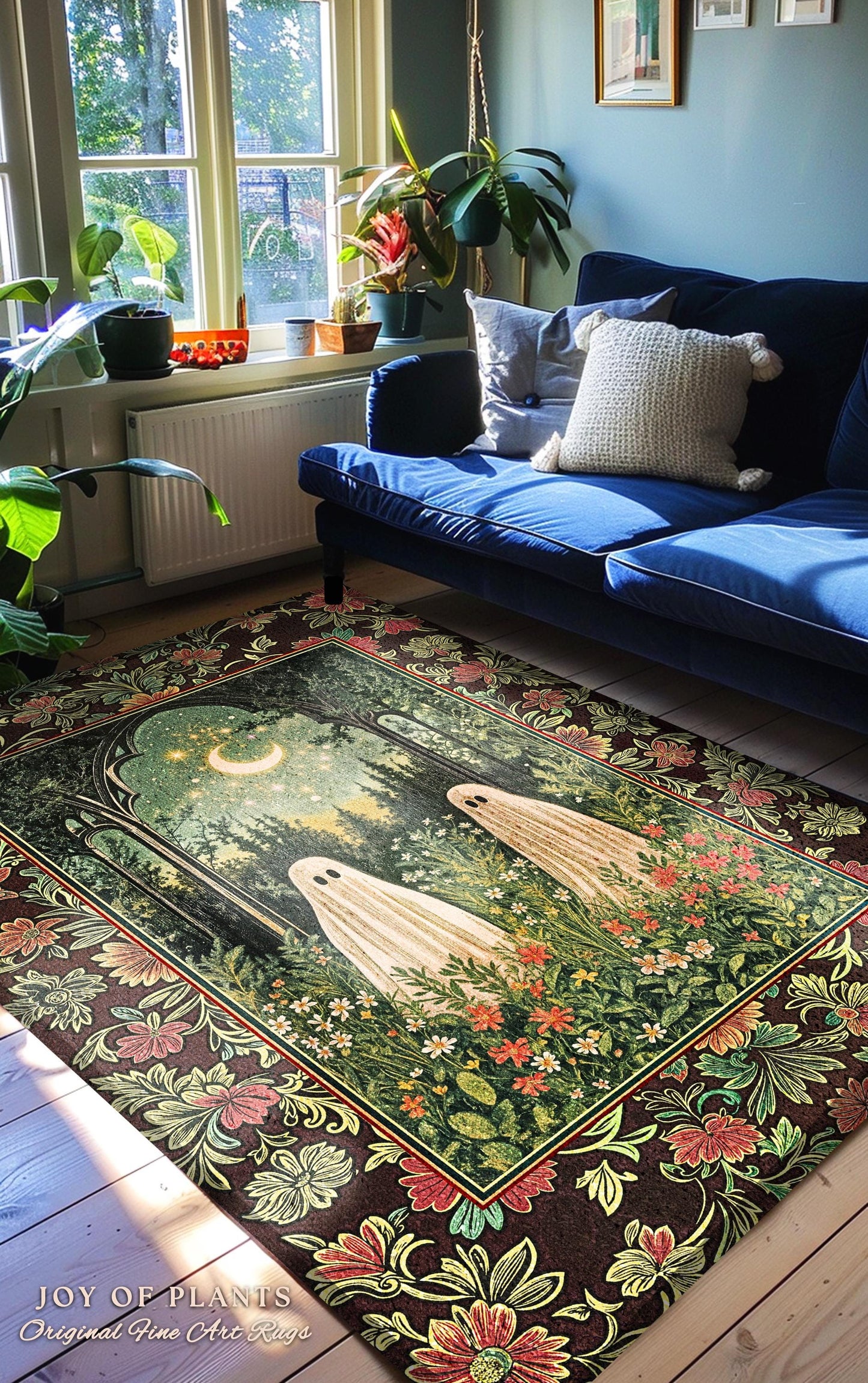 Ghost Garden Gothic Area Rug | Cottagecore Halloween Decor Crescent Moon Forest Spirit Rug Mystical Celestial Style Bedroom Witchy Accent |