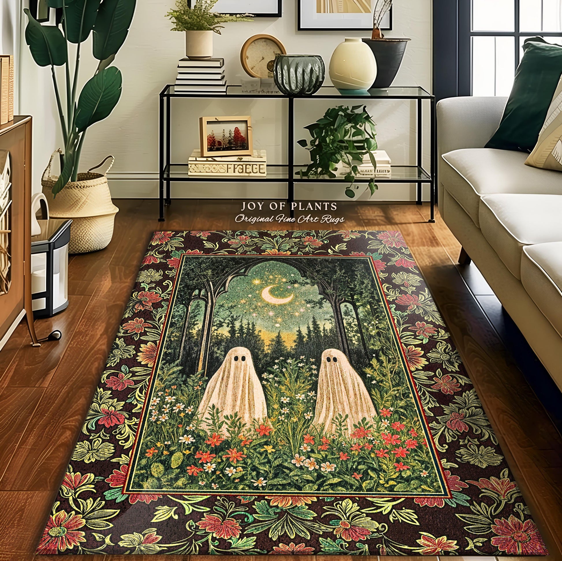 Ghost Garden Gothic Area Rug | Cottagecore Halloween Decor Crescent Moon Forest Spirit Rug Mystical Celestial Style Bedroom Witchy Accent |