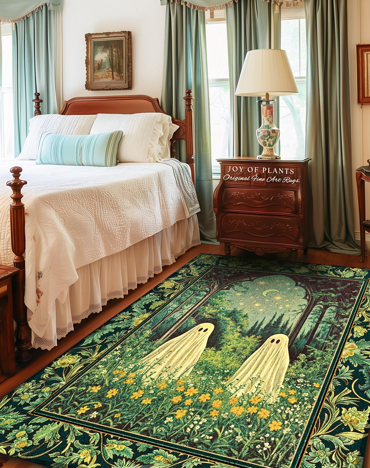 Crescent Moon Ghost Meadow Rug | Cozy Rug Pastel Gothic Fall Accent Haunted Cottage Whimsical Dark Spooky Bedroom Dreamy Tarot Style Decor