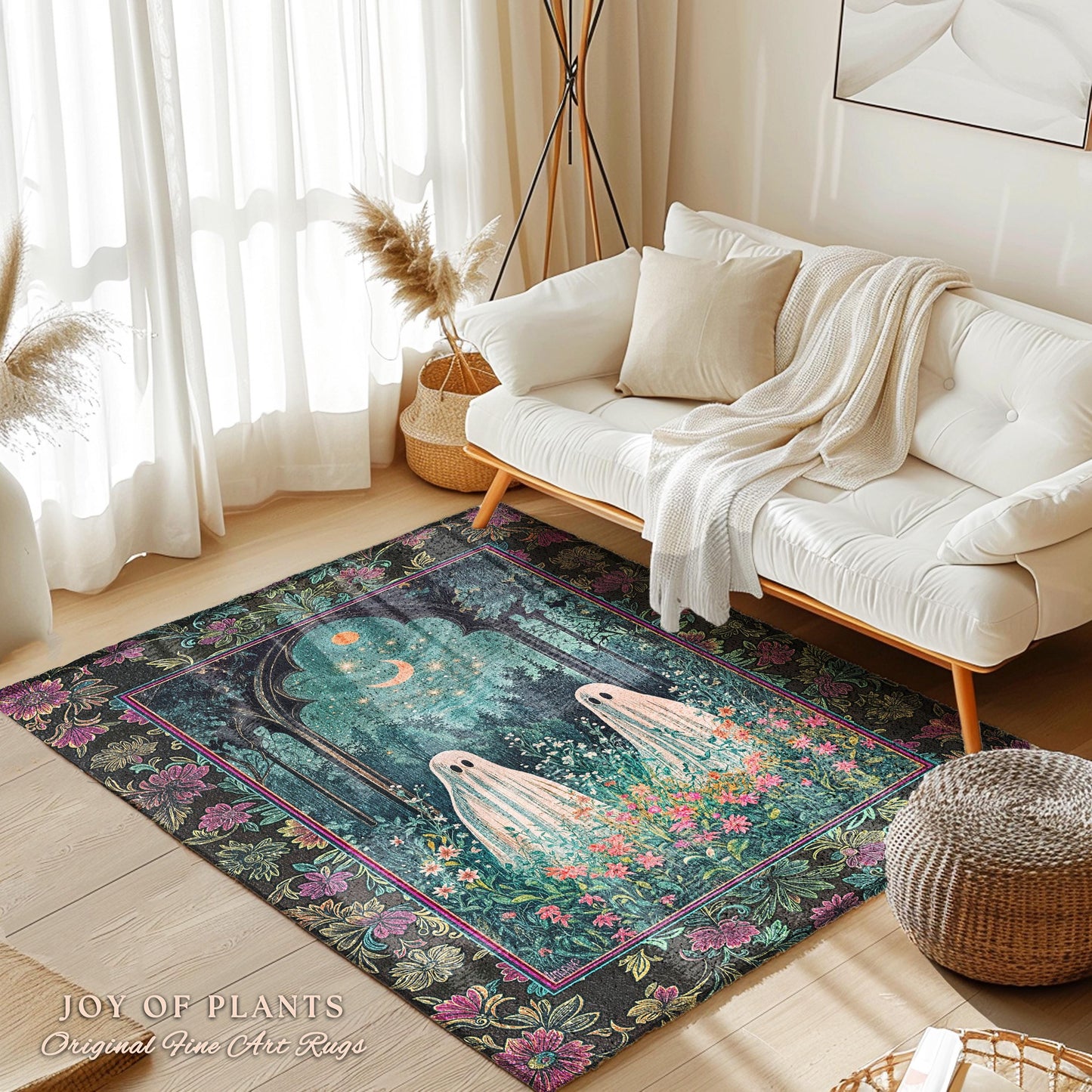 Moonlight Meadow Ghost Friends Rug | Floral Garden Cozy Rug Feral Cottage Accent Ghost Gathering Celestial Dreamy Autumn Whimsy Aesthetic |