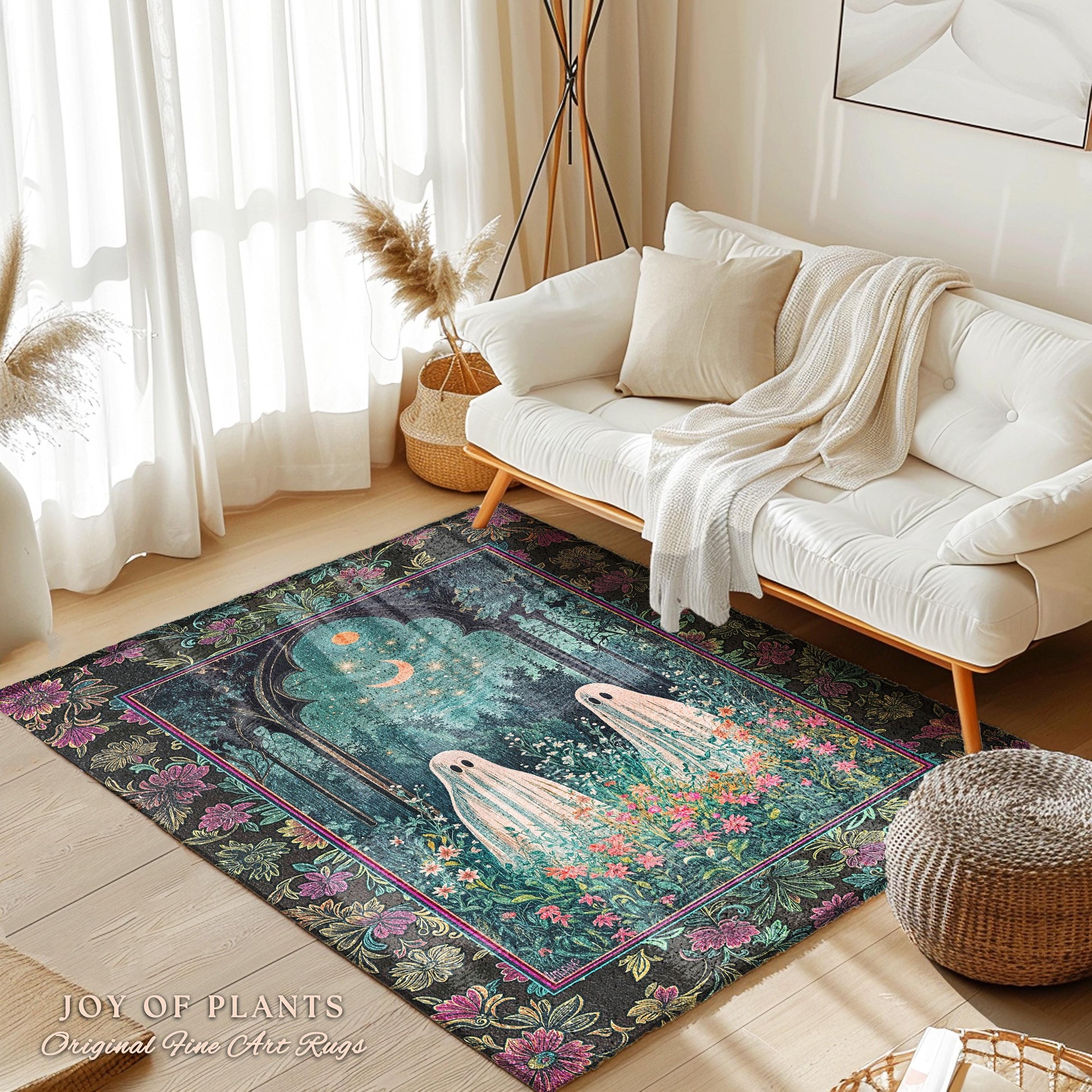 Moonlight Meadow Ghost Friends Rug | Floral Garden Cozy Rug Feral Cottage Accent Ghost Gathering Celestial Dreamy Autumn Whimsy Aesthetic |