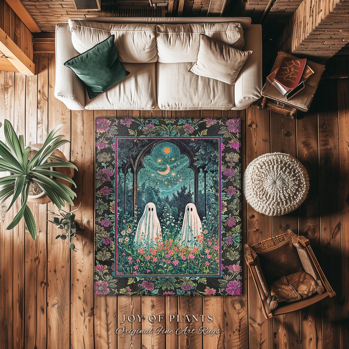 Moonlight Meadow Ghost Friends Rug | Floral Garden Cozy Rug Feral Cottage Accent Ghost Gathering Celestial Dreamy Autumn Whimsy Aesthetic |