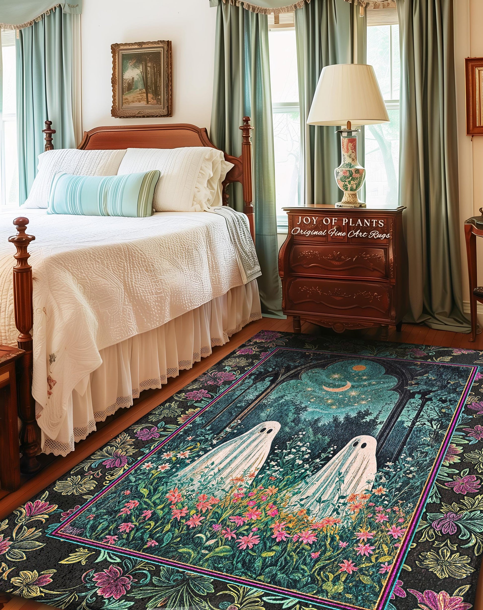 Moonlight Meadow Ghost Friends Rug | Floral Garden Cozy Rug Feral Cottage Accent Ghost Gathering Celestial Dreamy Autumn Whimsy Aesthetic |