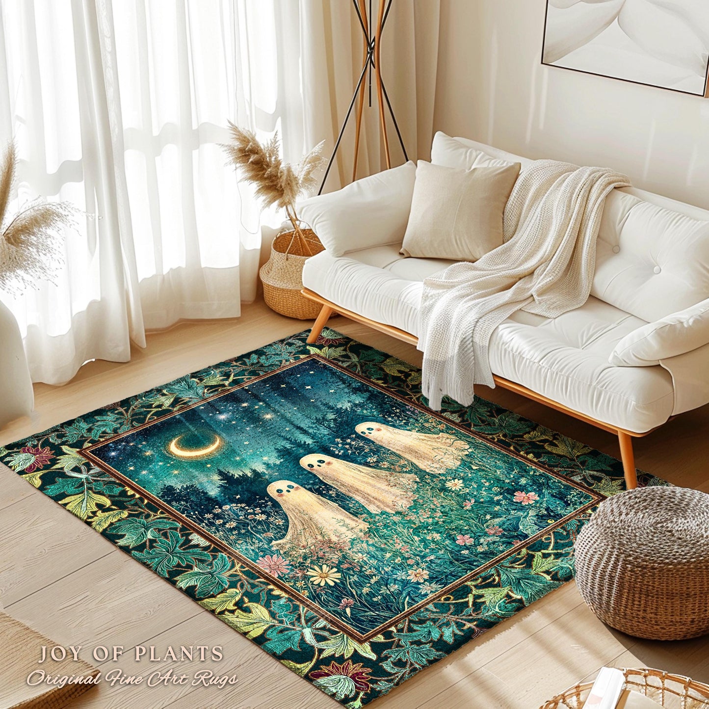 Whimsical Ghosts Wildflower Forest Rug | Dark Academia Whimsigothic Accent Rug Cozy Aesthetic Cottage Pastel Celestial Moonlit Floral Spirit