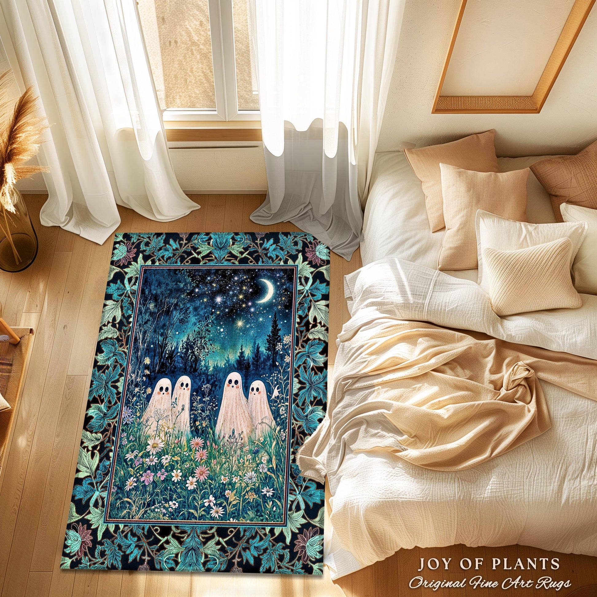 Wandering Spirits Moonrise Meadow Rug | Cozy Whimsical Ghostly Ambience Dark Cottagecore Floral Dream Starry Decor Soft Gothic Celestial |