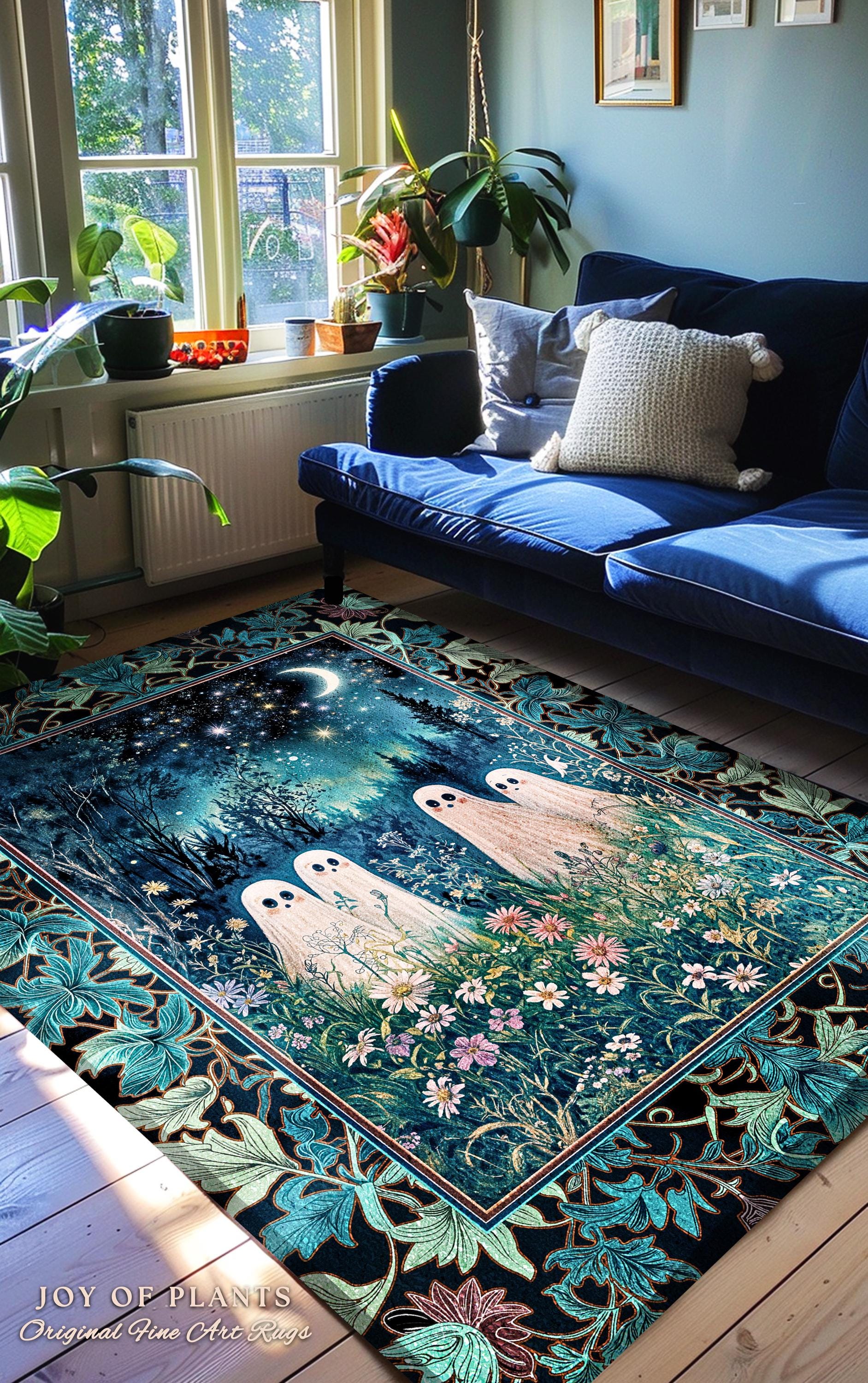 Wandering Spirits Moonrise Meadow Rug | Cozy Whimsical Ghostly Ambience Dark Cottagecore Floral Dream Starry Decor Soft Gothic Celestial |