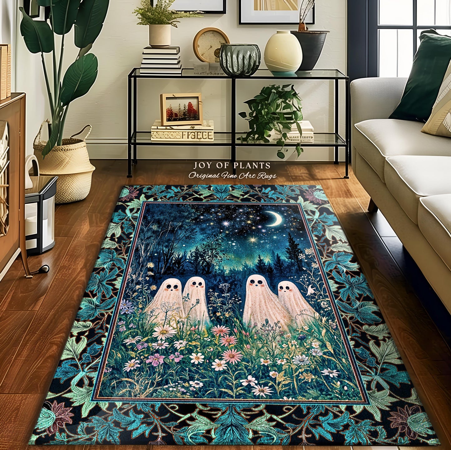 Wandering Spirits Moonrise Meadow Rug | Cozy Whimsical Ghostly Ambience Dark Cottagecore Floral Dream Starry Decor Soft Gothic Celestial |